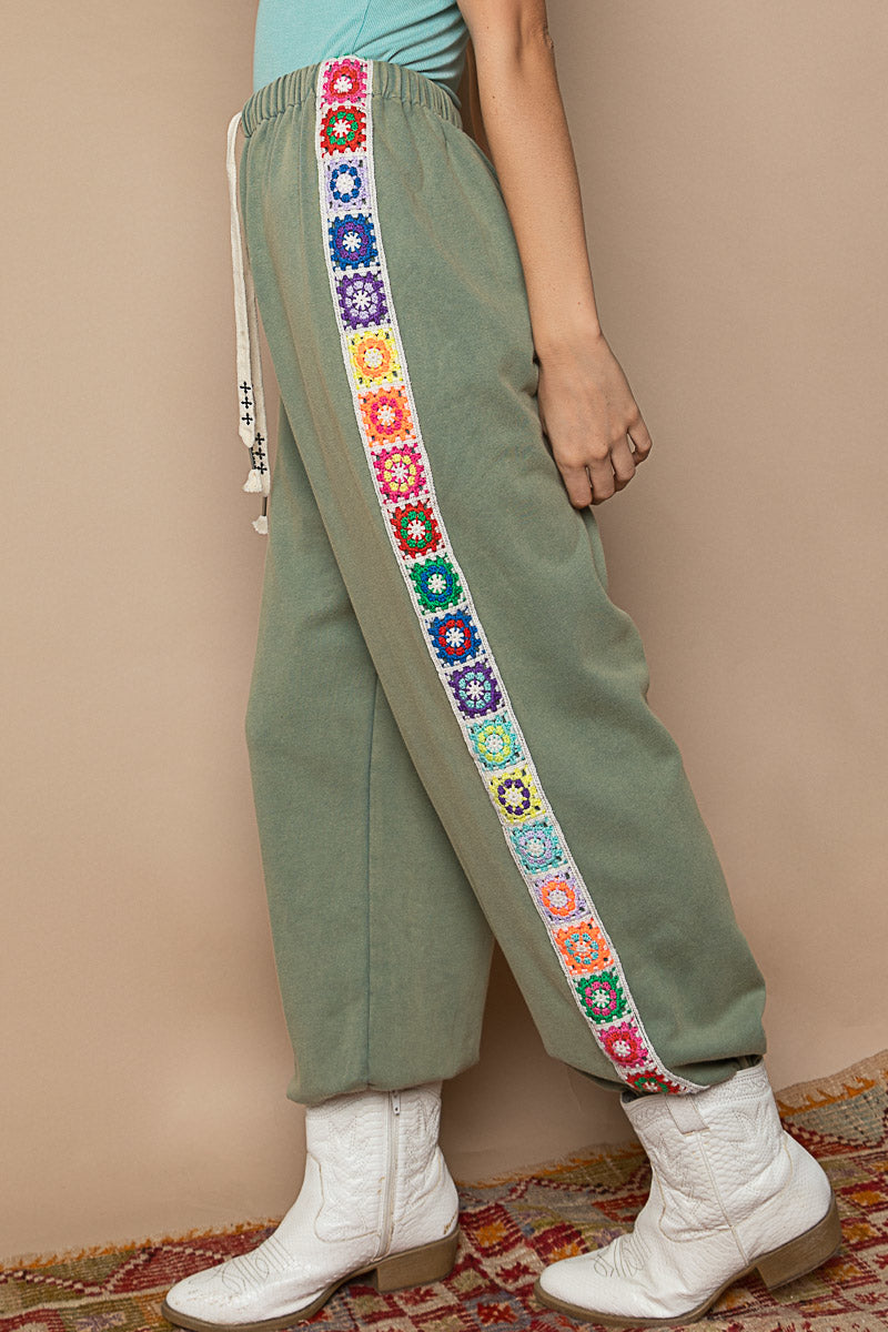 GREEN JOGGERS WITH GRANNY SQUARE DOWN THE LEG
