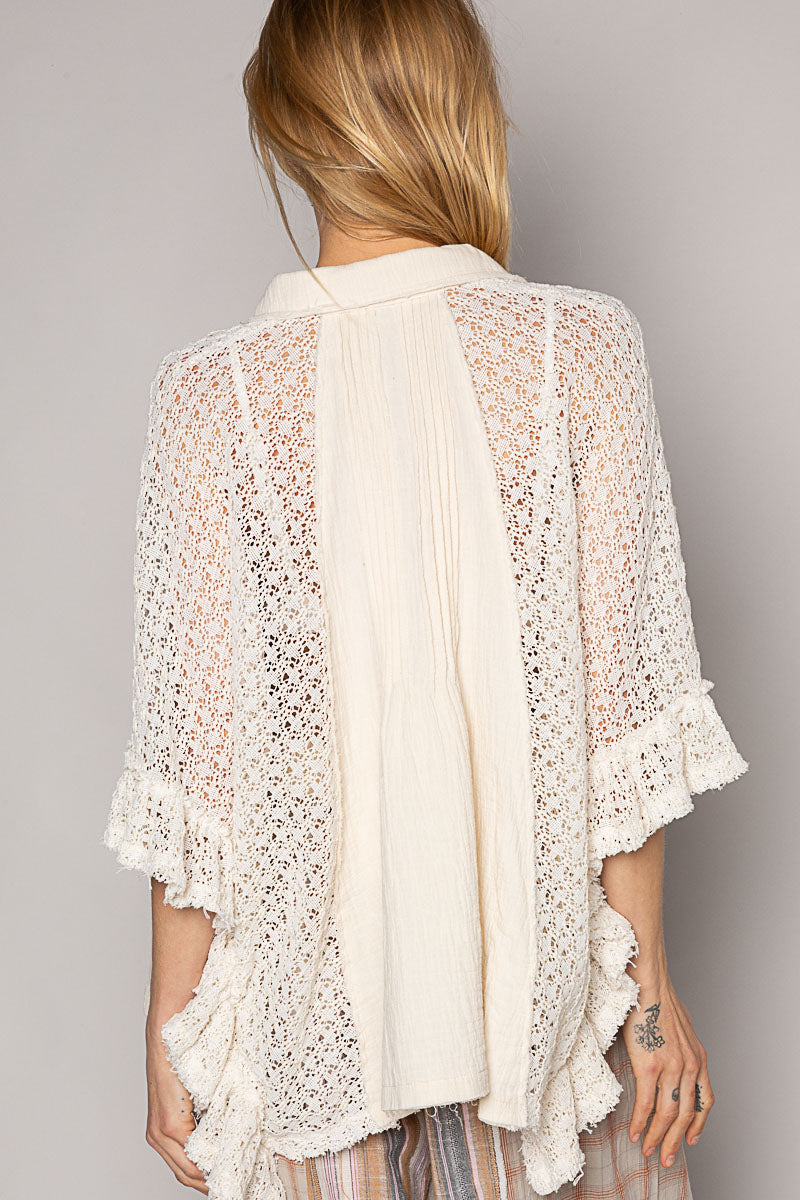 GAUZE AND CROCHET PLEATED TOP