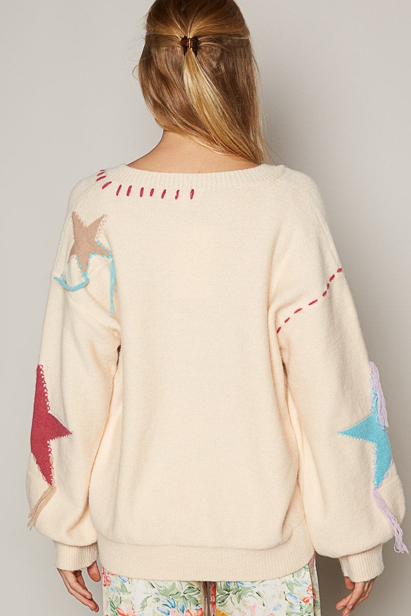 BEIGE STAR SWEATER WITH FRINGE DETAIL