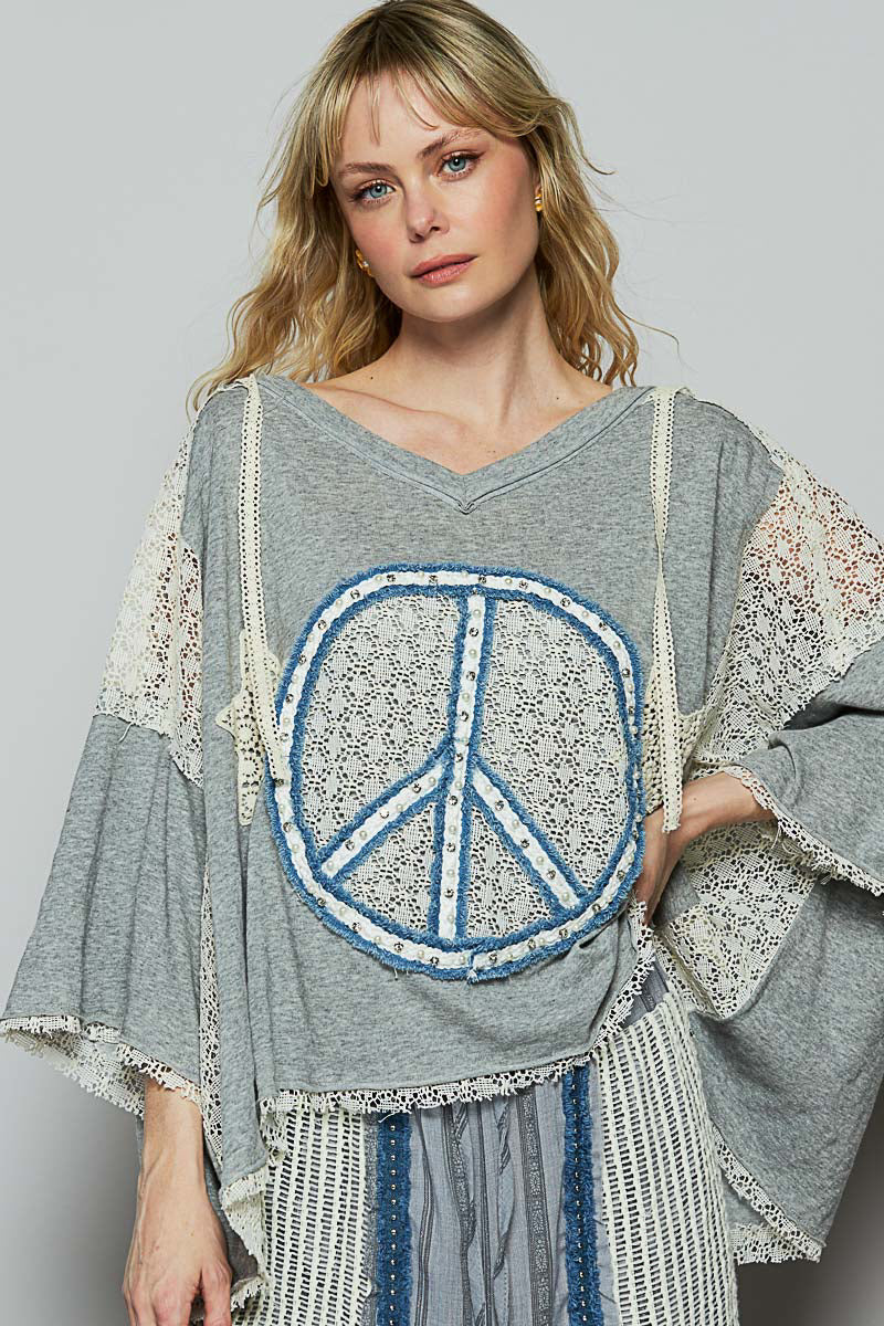 PEACE CROCHET PATCHED TOP IN GREY