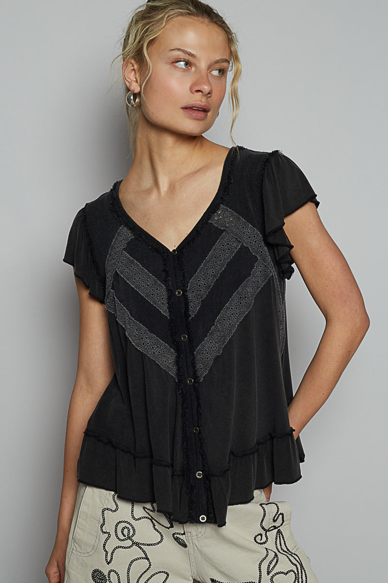 BLACK RUFFLE WITH TRIM DETAIL TOP