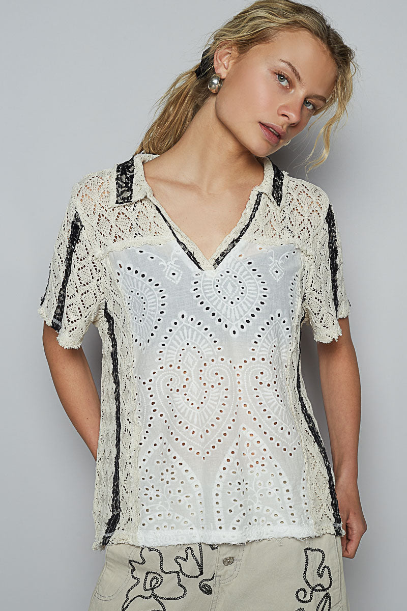 NATURAL CROCHET CONTRAST TOP
