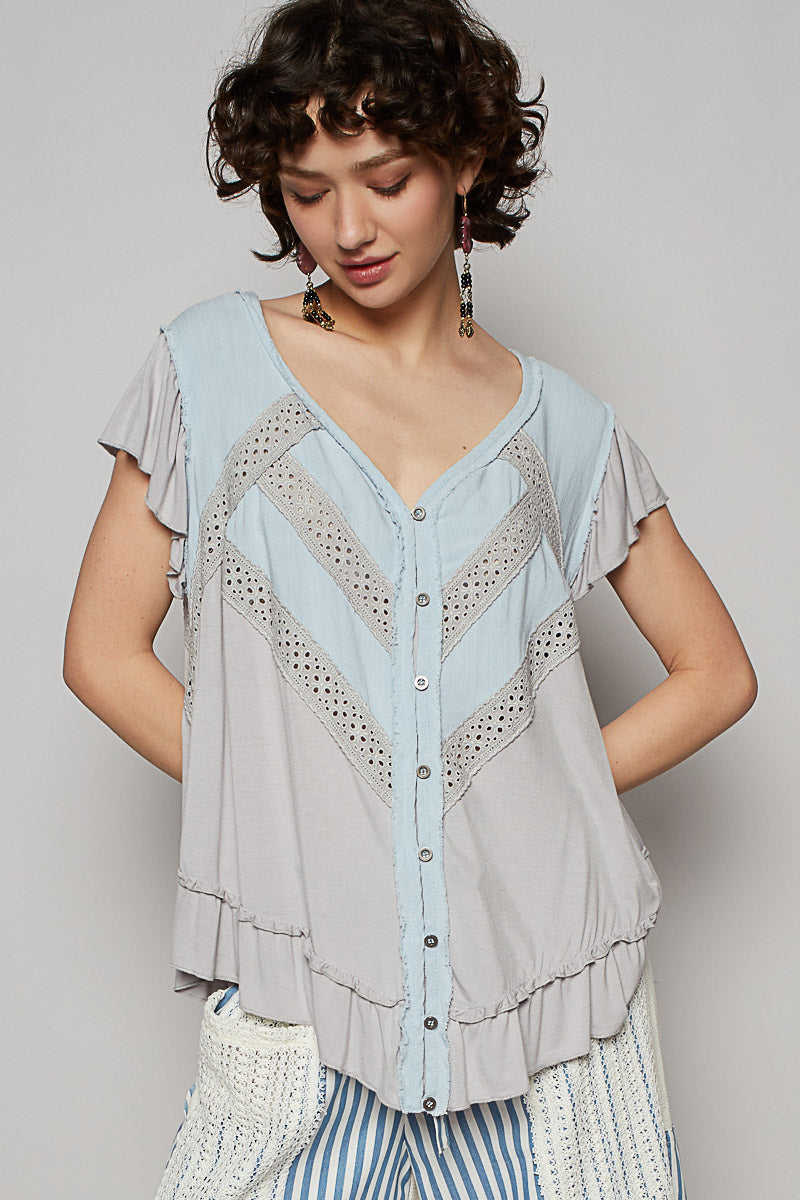 LIGHT GREY V neck ruffle sleeve roomy fit top