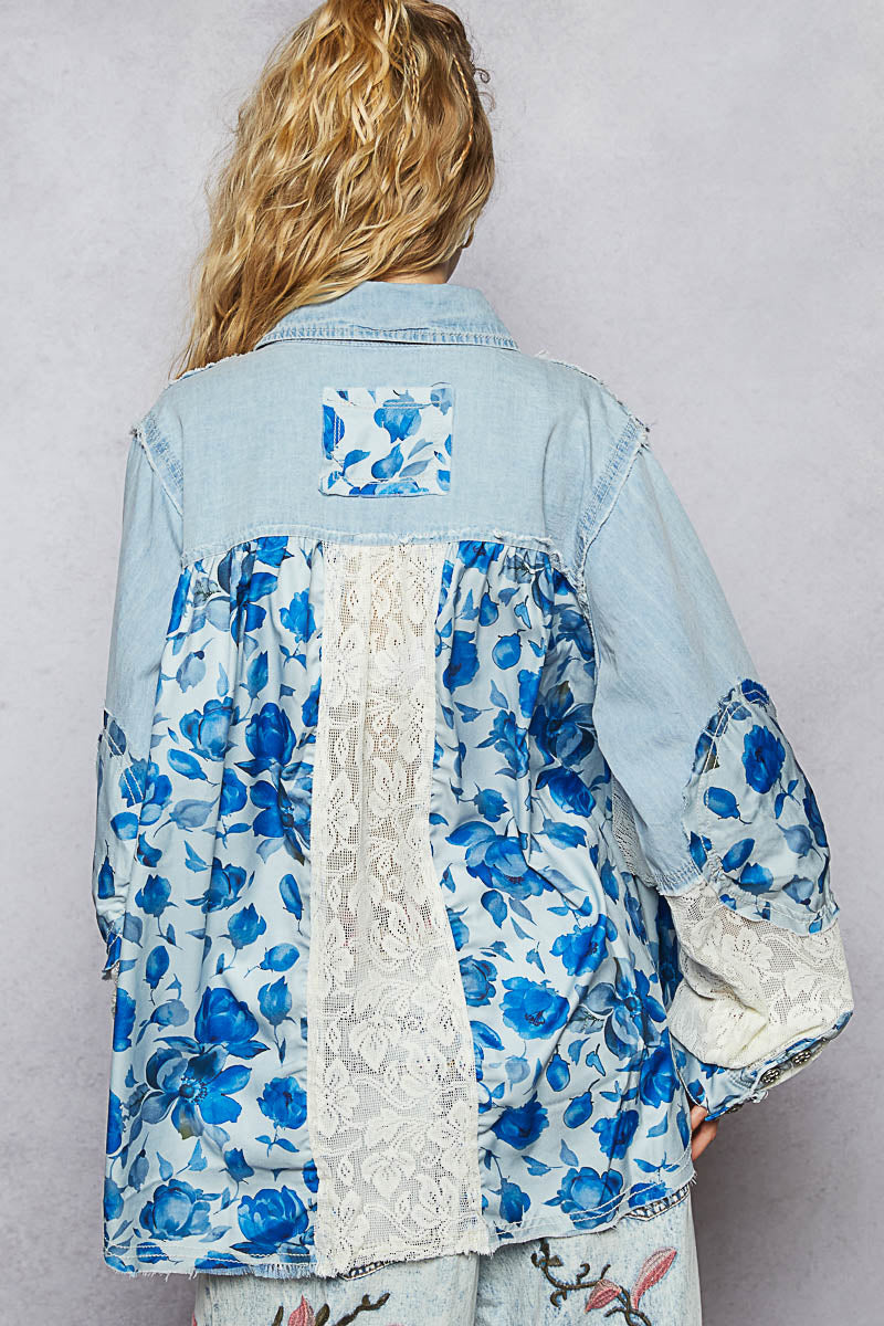 DENIM AND LACE FLORAL JACKET