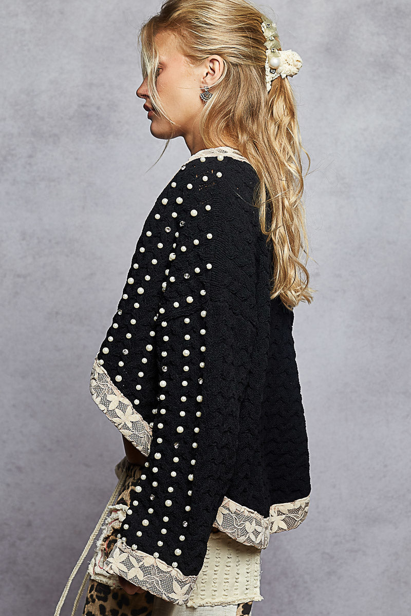 BLACK CHENILLE AND PEARL CARDIGAN