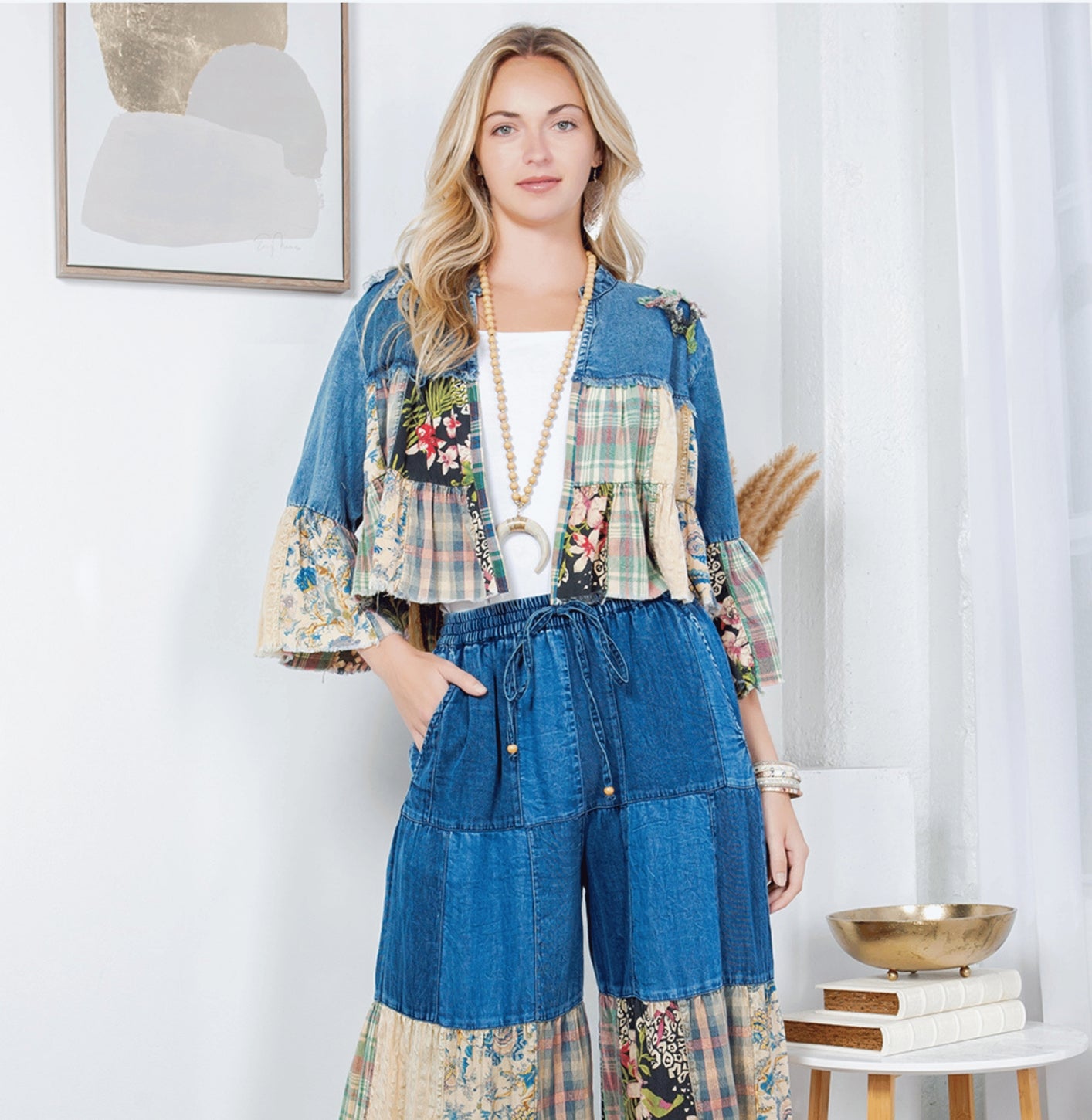 Western Boho Chic: Tiered Patchwork Denim Cropped Shrug