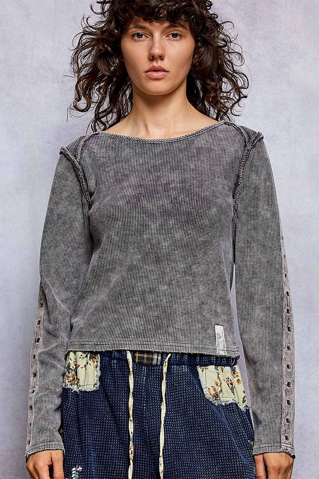 Washed Rib Knit Exposed Seam Snap Button Raw Edge Top