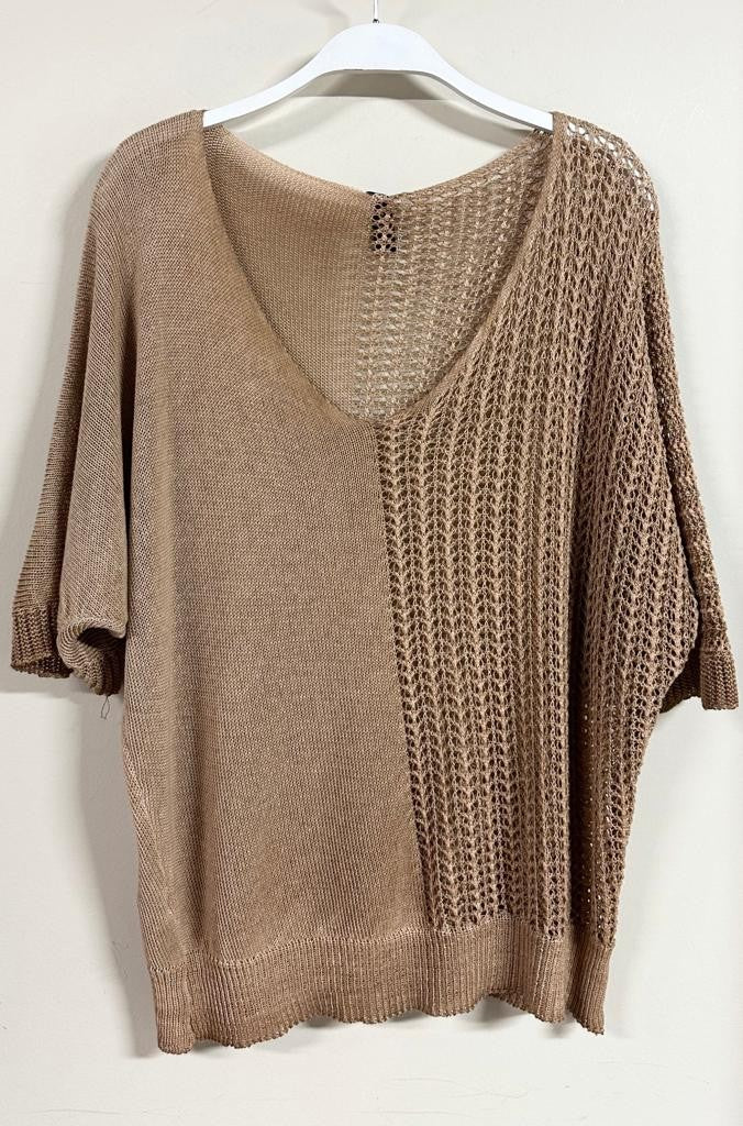 S/S PLAIN KNIT/CROCHET TOP IN CAMEL