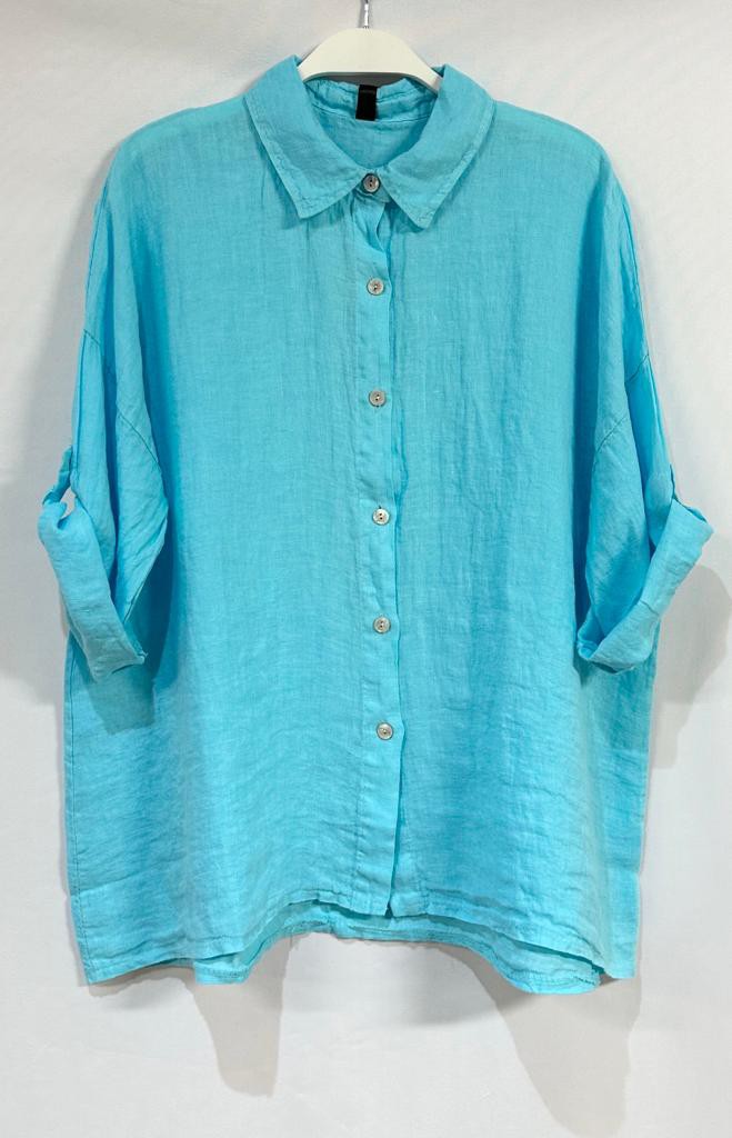 BUTTON DOWN LINEN ROLL UP SLEEVE TOP IN AQUA AND TURQUOISE