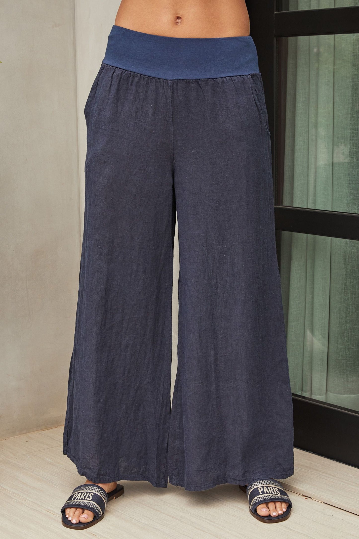 LINEN WIDE LEG PANT POCKETS IN NAVY BLUE