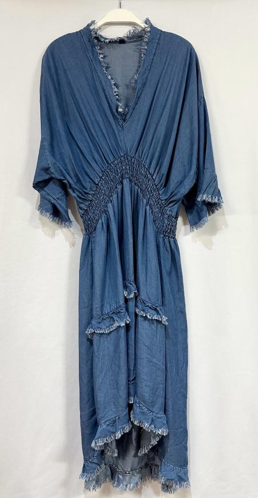 HI-LOW MAXI DRESS WITH RAW EDGES IN DENIM