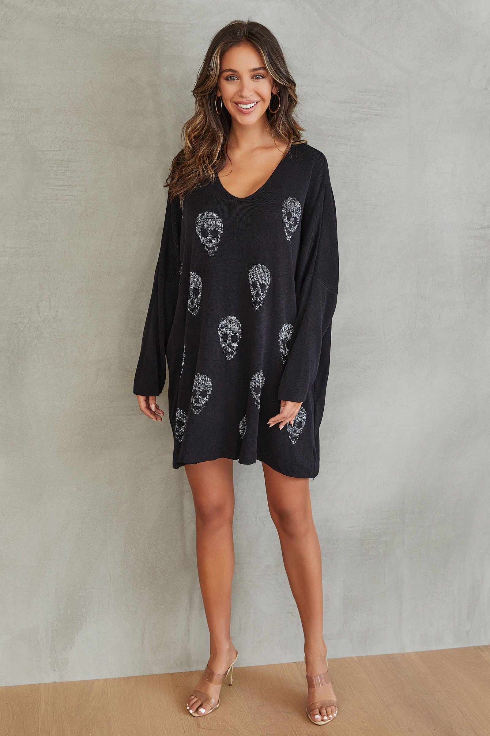 SILVER LUREX SKULLS PRINT TUNIC SWEATER DRESS - Main Image
