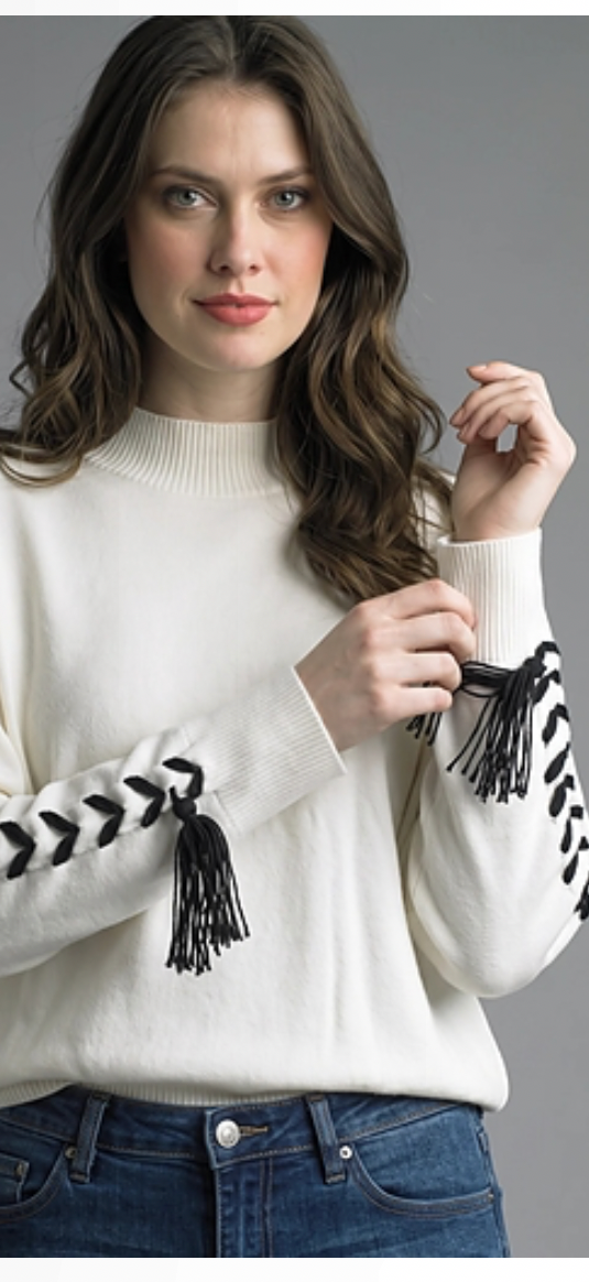 White braided sleeve sweater