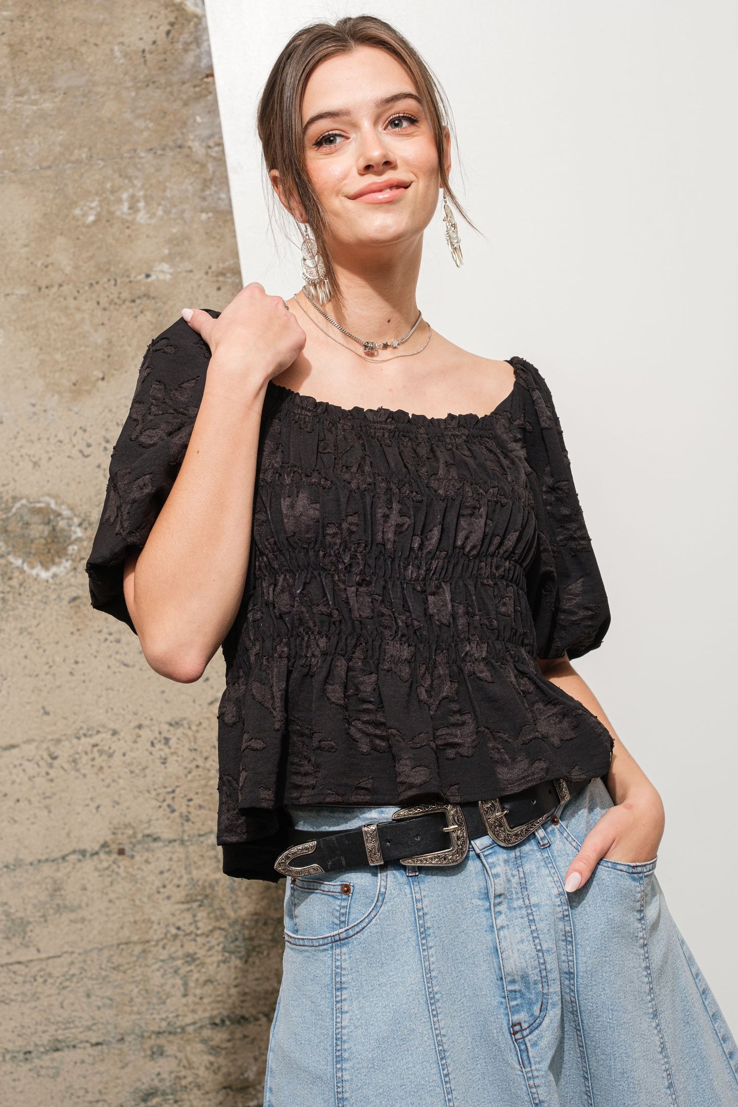 Floral Jacquard Smocked Puff SLV Peplum Top IN BLACK