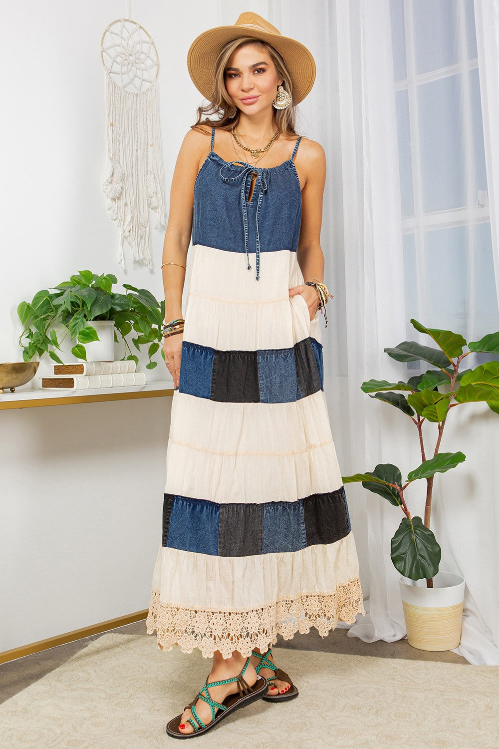 Boho Chic Denim Halter Neck Tiered Summer Dress Over The Edge Apparel Boho Chic Denim Halter Neck Tiered Summer Dress Over The Edge Apparel