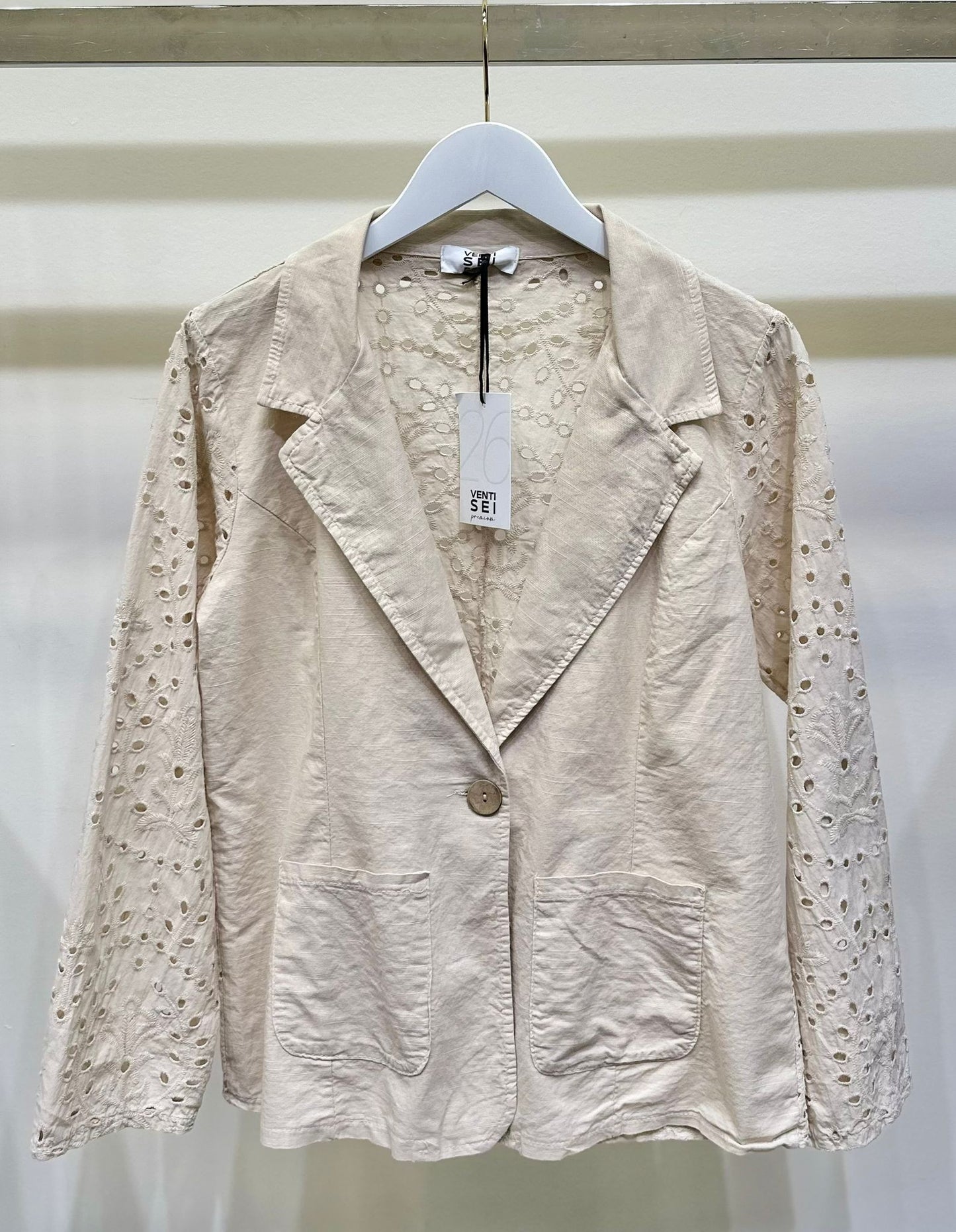 FLEUR DE LIS EYELET DETAIL COTTON LINEN BLAZER IN BEIGE