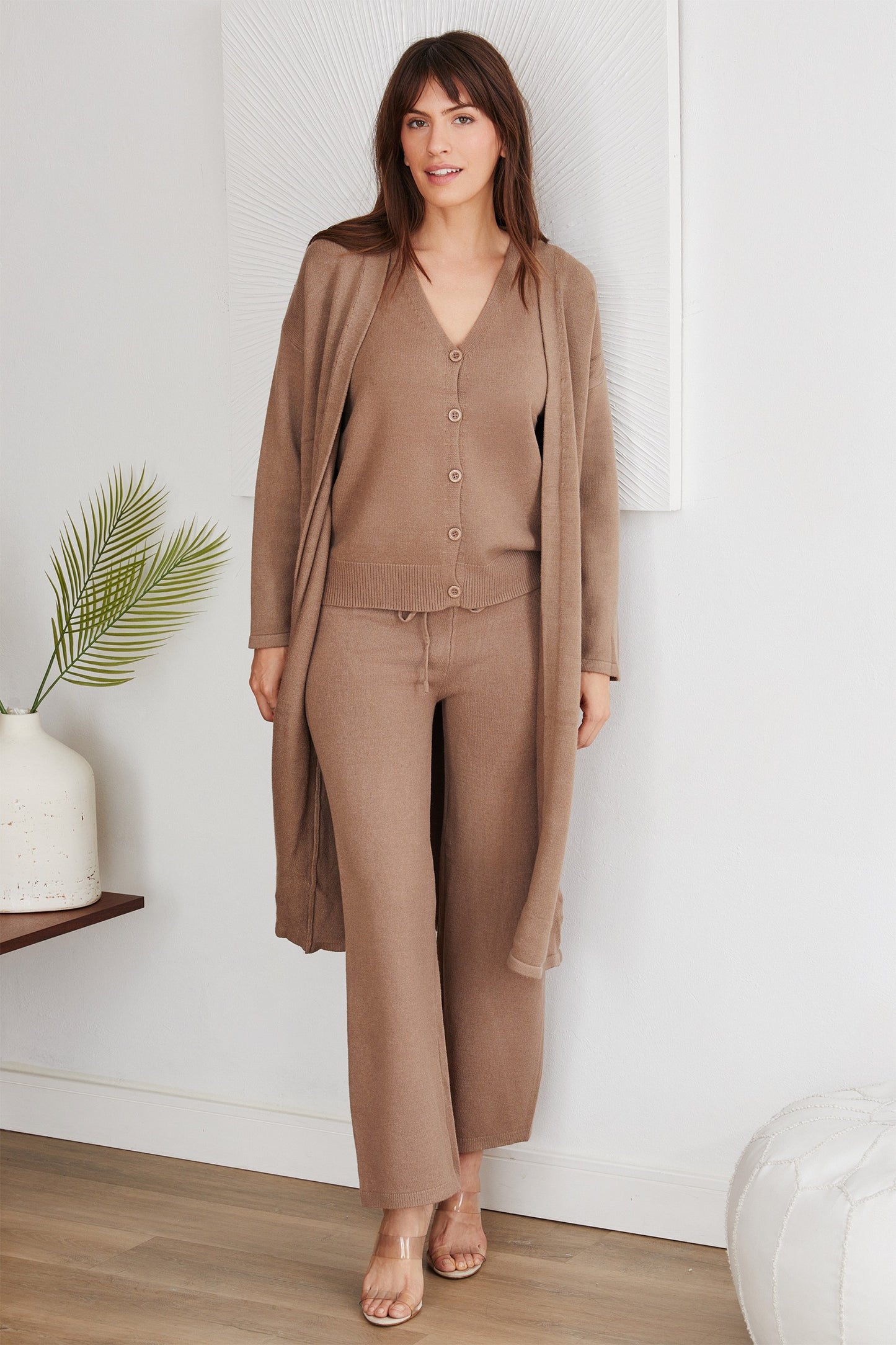 KNIT VEST, KNIT PANTS, AND LONG CARDIGAN 3 PC SET in BEIGE, BLACK, IVORY MOCHA ONE SIZE