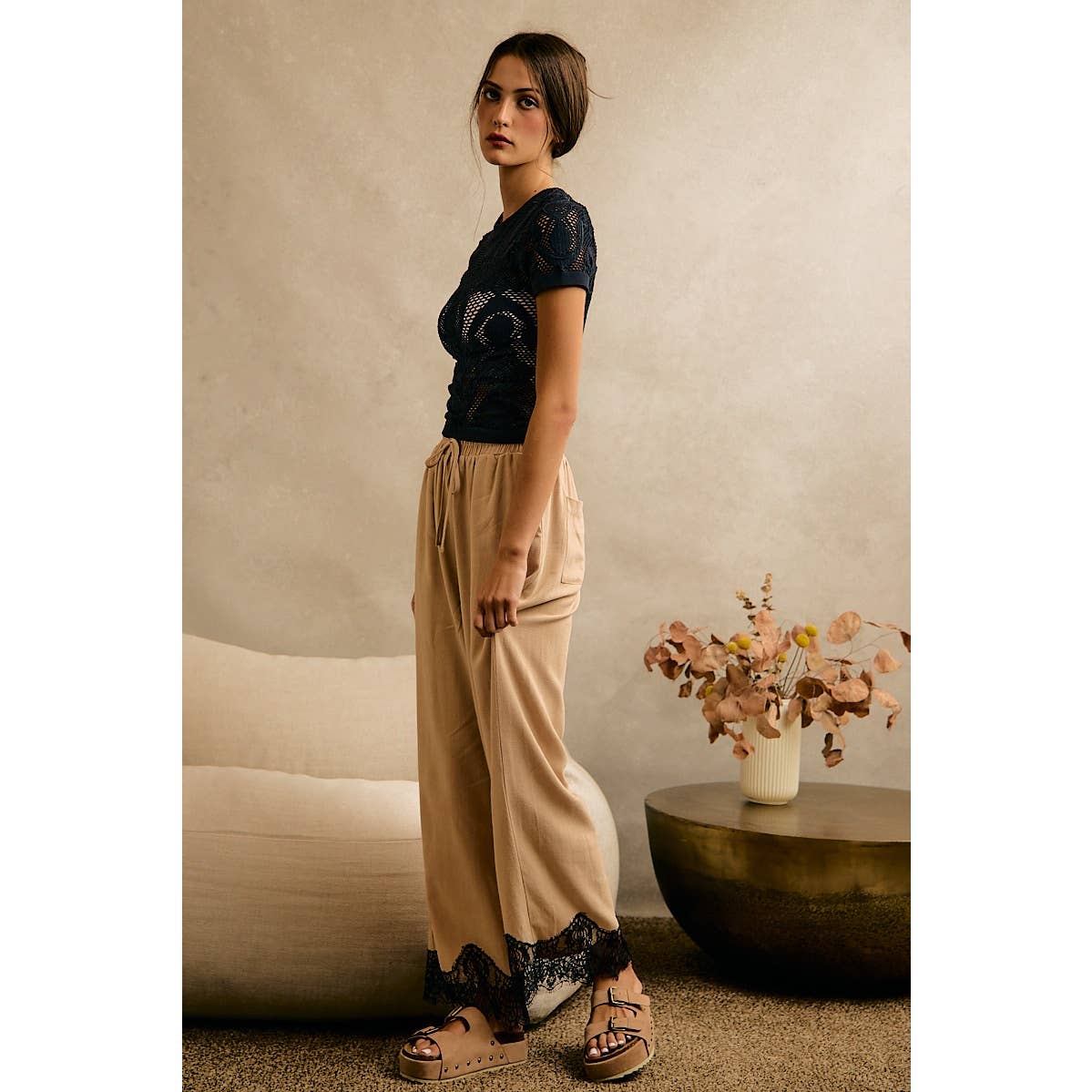 LINEN BLEND LACE TRIM BANDING WAIST PANTS