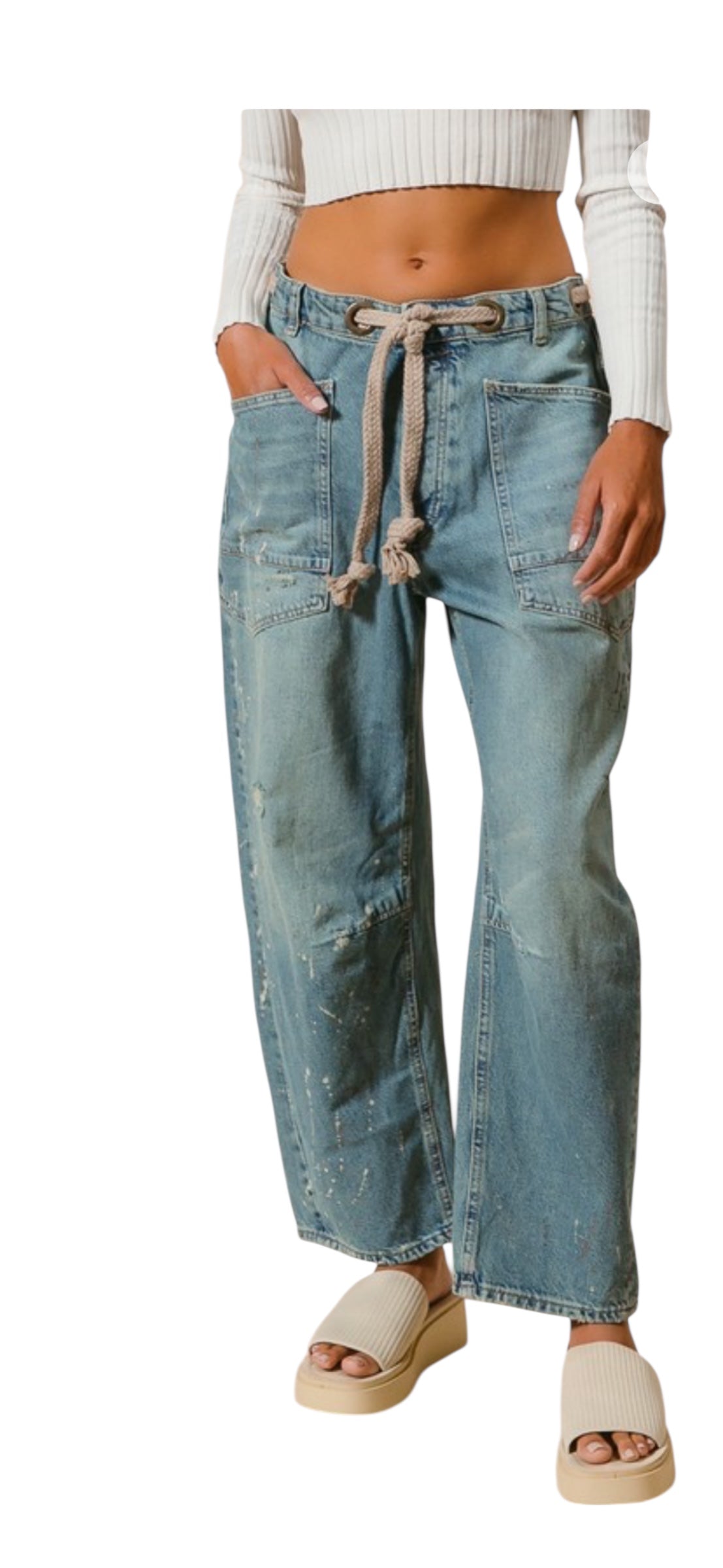 DENIM BRAIDED BELT DRIP PANTS