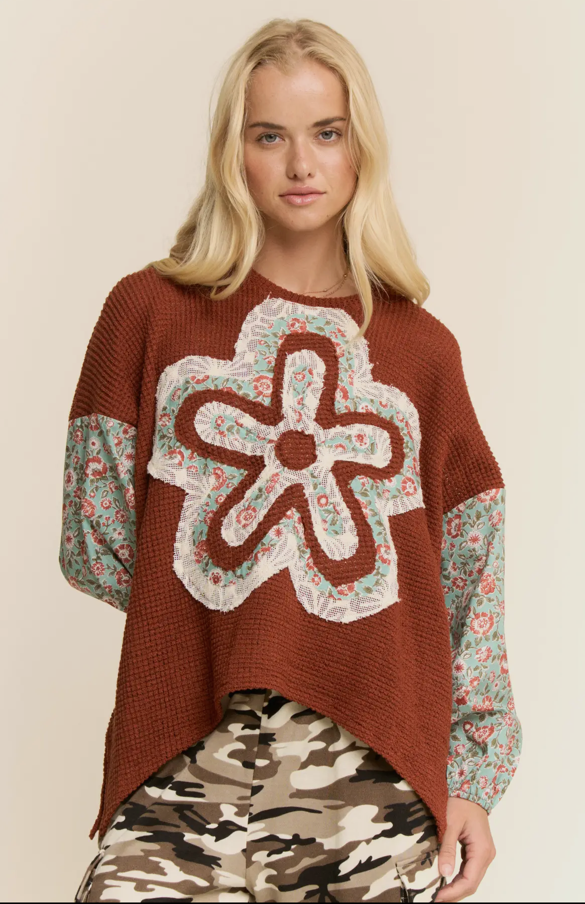Waffle knit flower top in cocoa