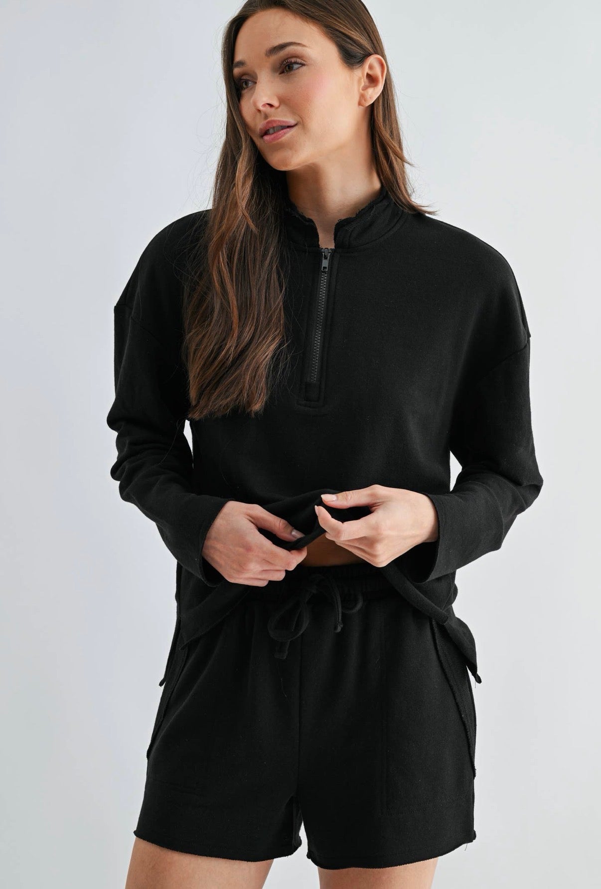 OFFSET RAW EDGE HALF ZIP SHORT SET IN BLACK