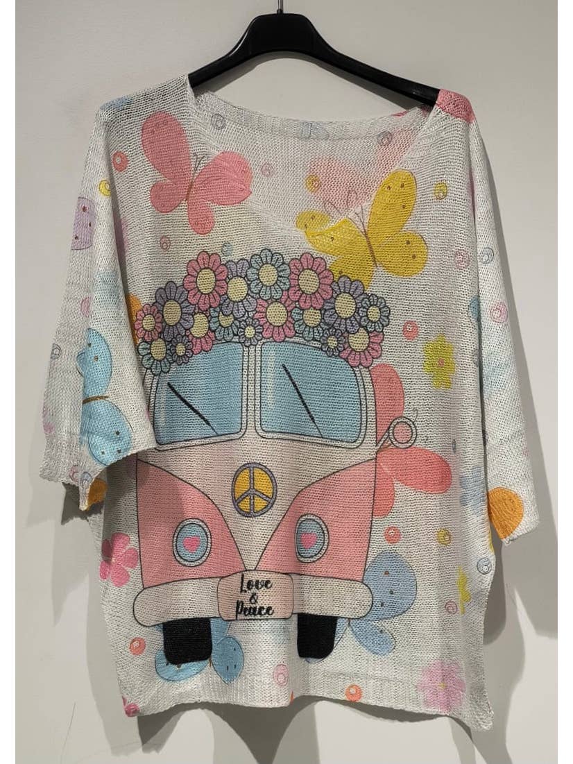 Pink Van Knit Printed Sweater 3/4 Sleeves o/s