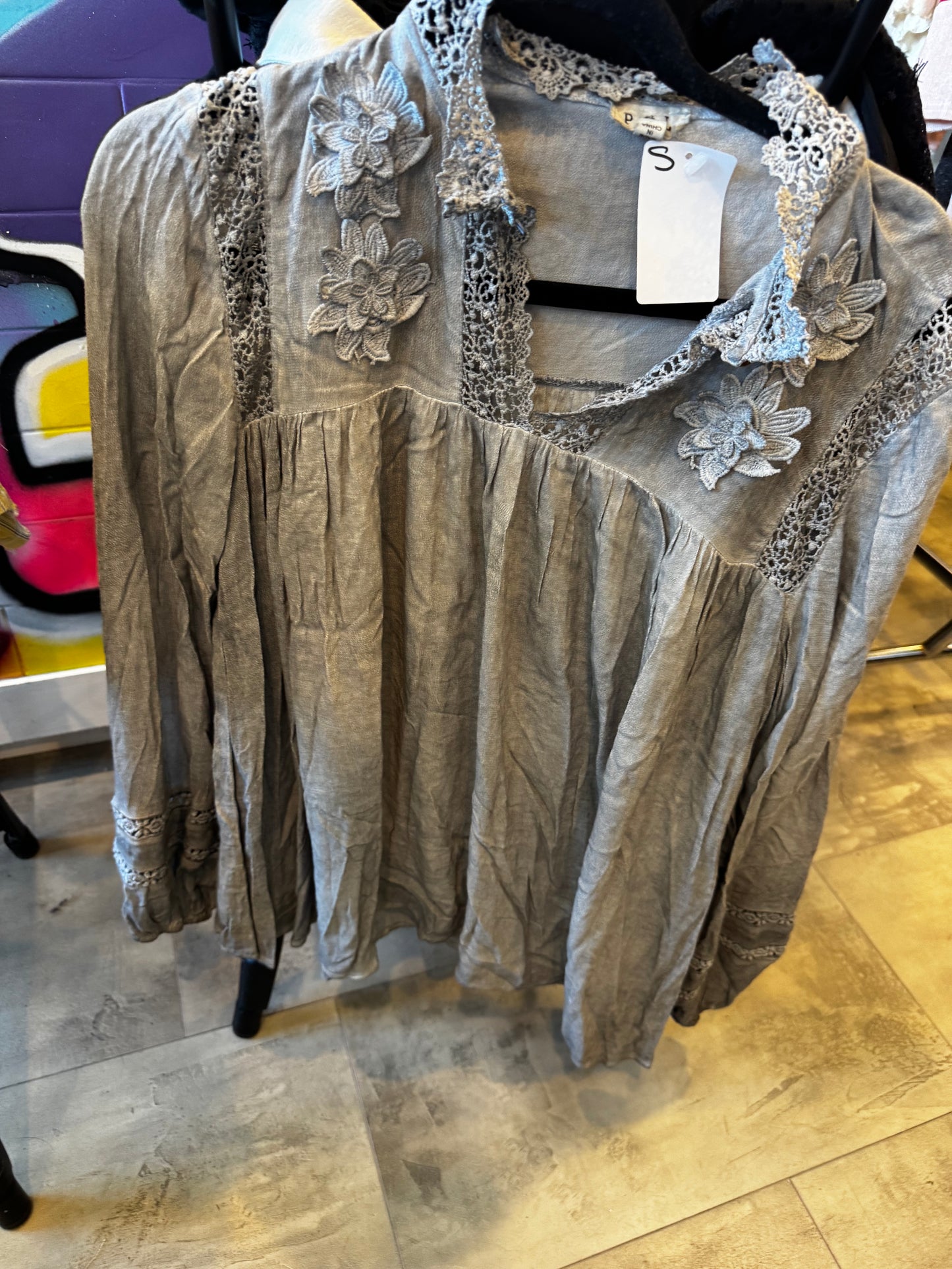 GREY MIINERAL WASH WITH CROCHET DETAIL TOP