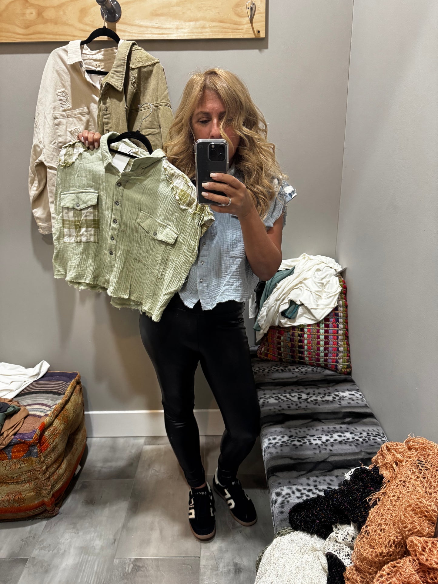 CROPPED GAUZEY WITH PLAID TOP IN GREEN AND LIGHT BLUE