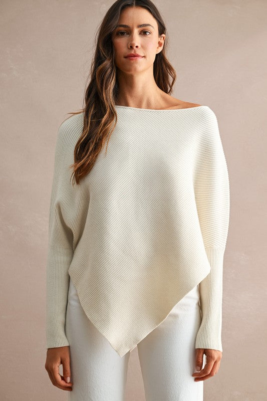 Cream ribbed asymmetrical knitted top