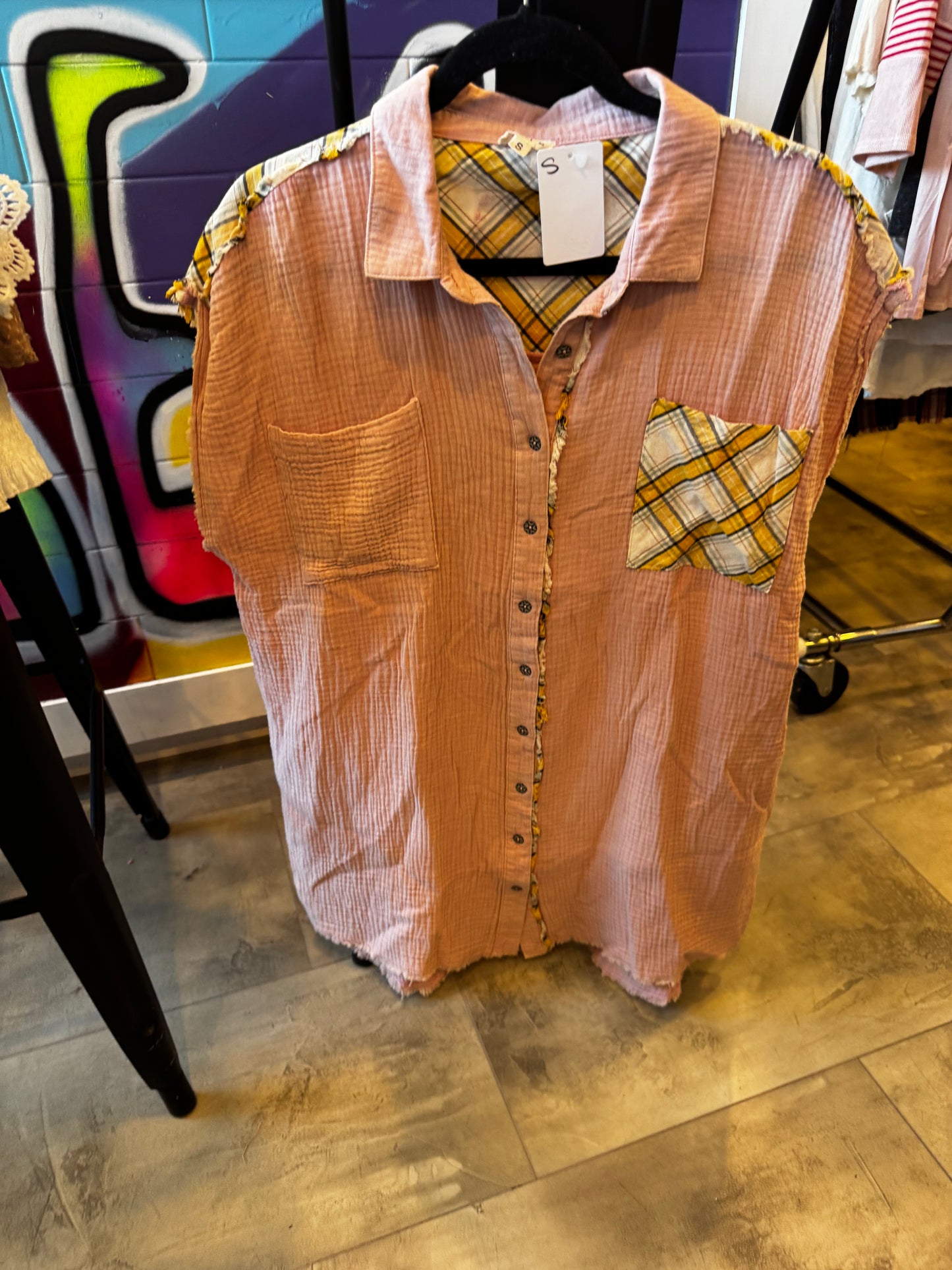 PEACH GAUZEY TOP WITH PLAID