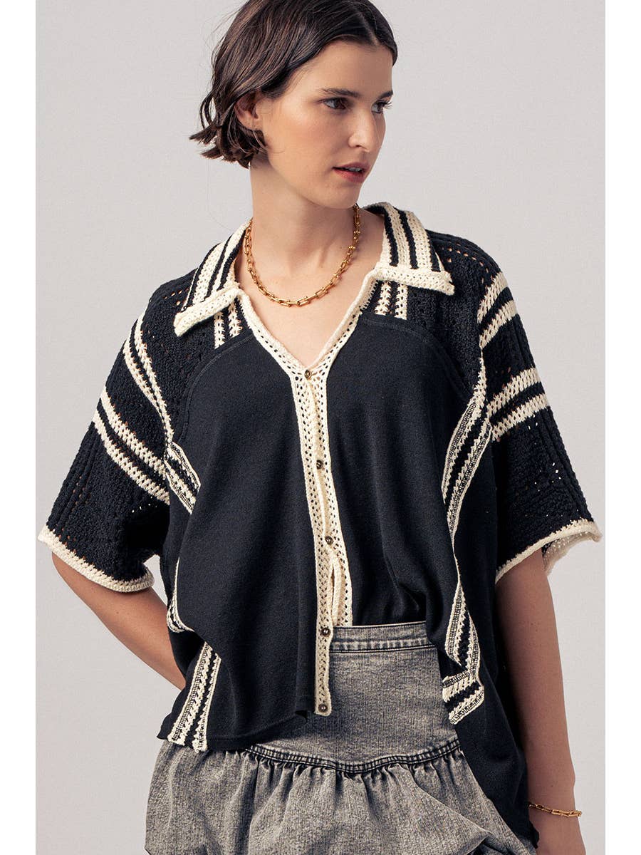 Crochet Lace Button-Down Shirt with Contrast Trim