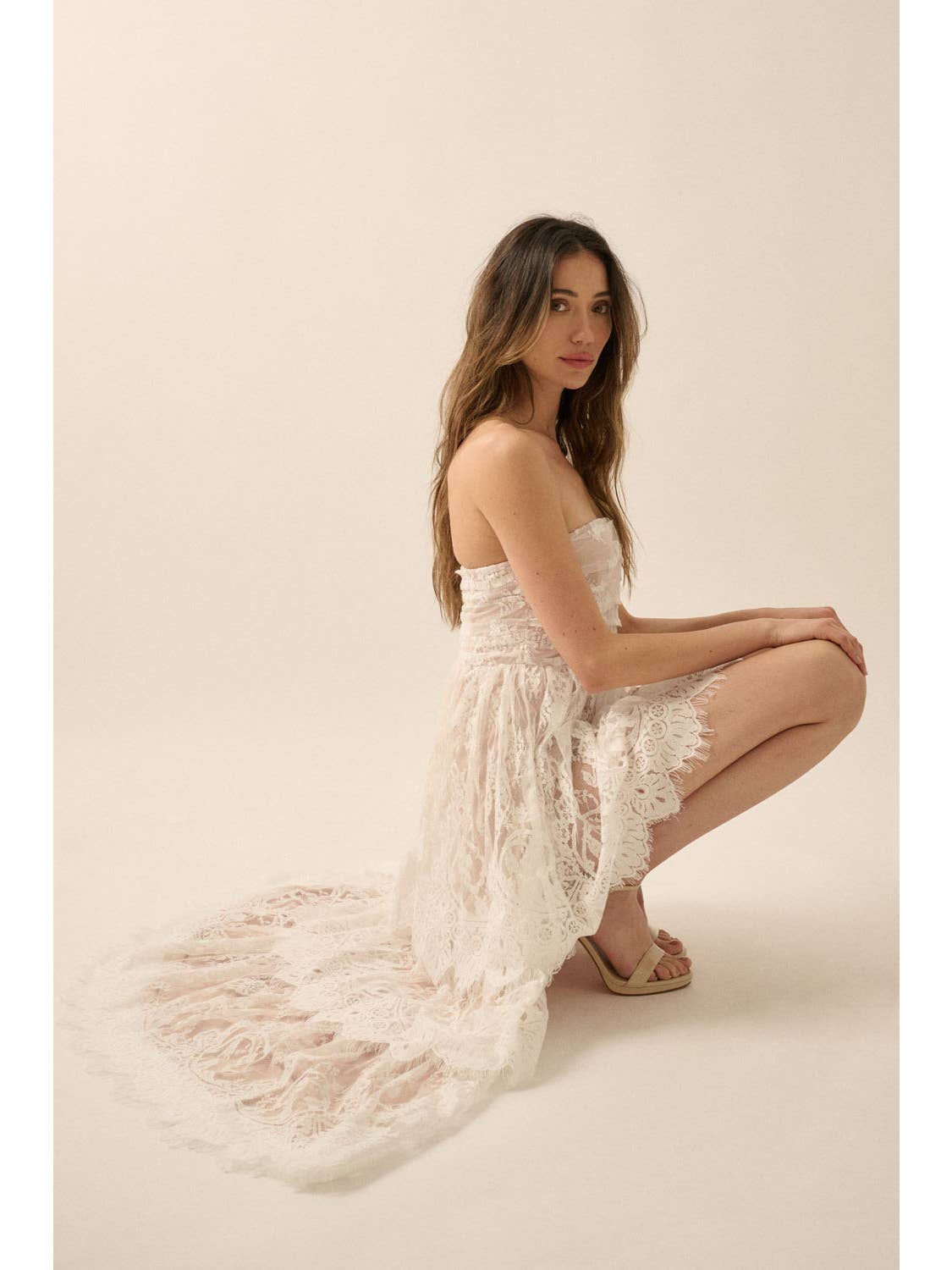 Layered Floral Lace Strapless High-Low Maxi Dress
