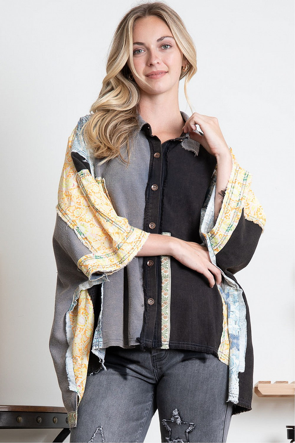 MULTI FABRIC RAW EDGED SHIRT TOP IN CHARCOAL BLACK