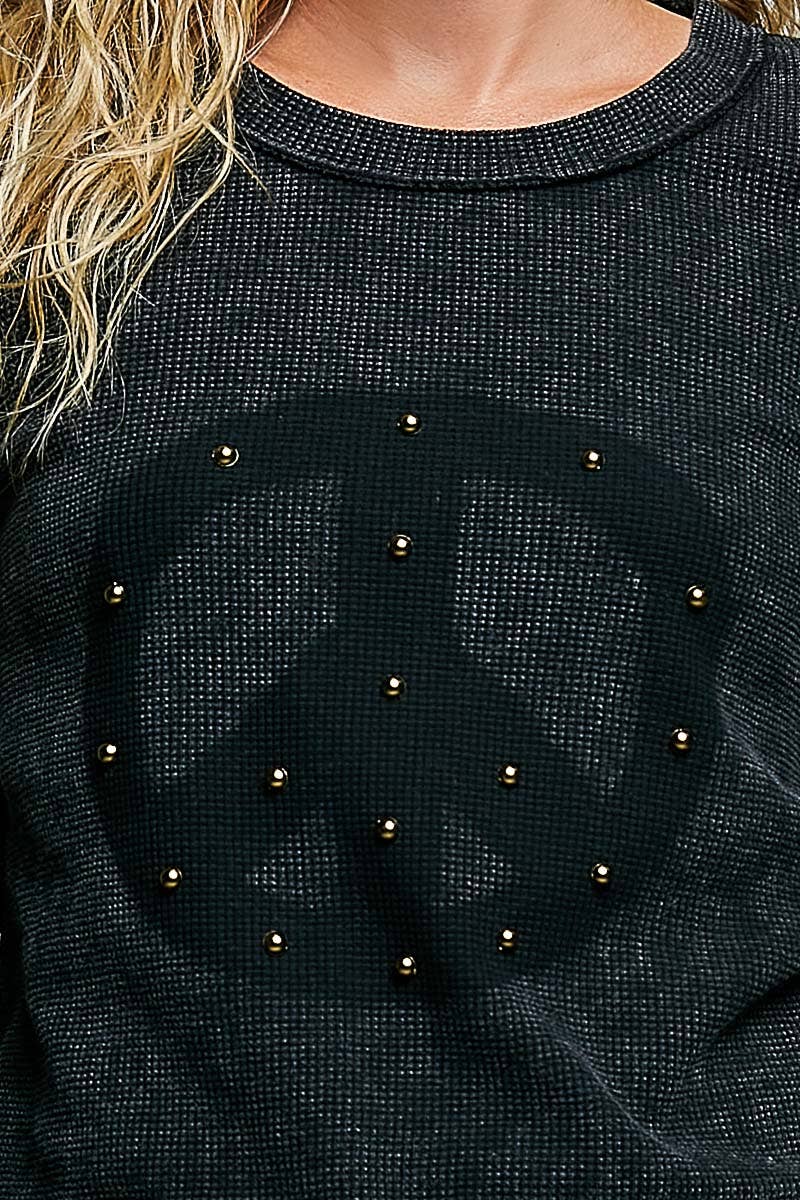 Vintage Washing Solid Peace Stud Outseam Thermal Knit Top