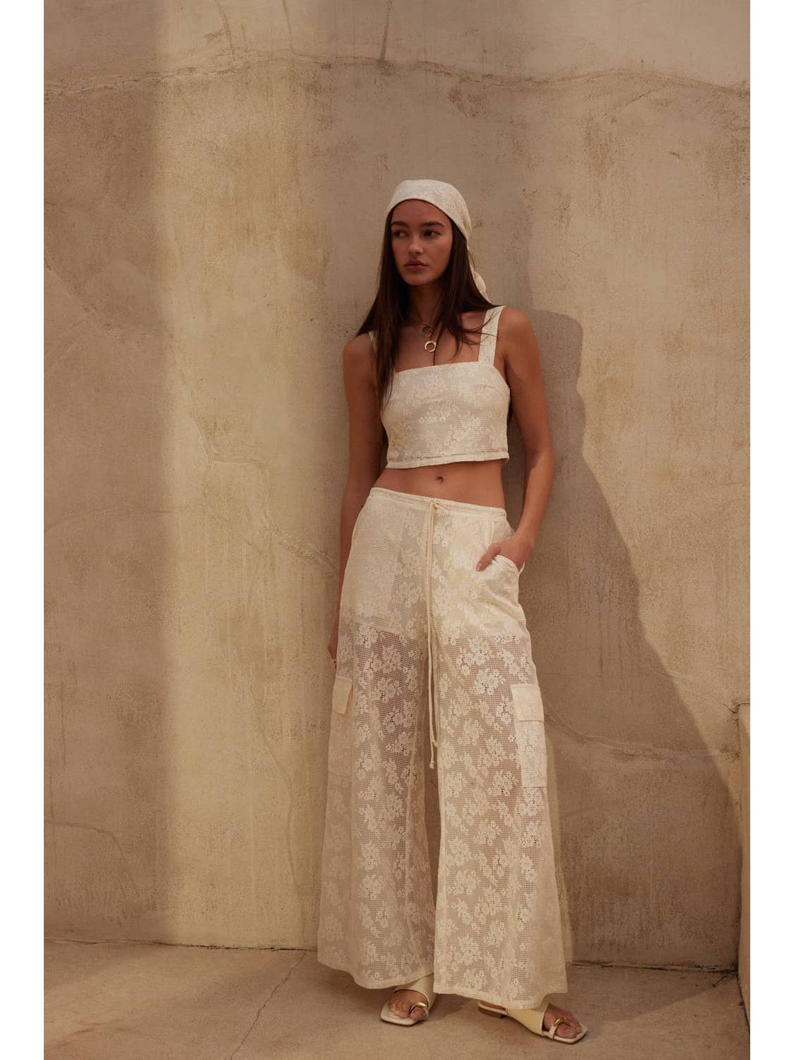 Floral Lace Drawstring Cargo Pants