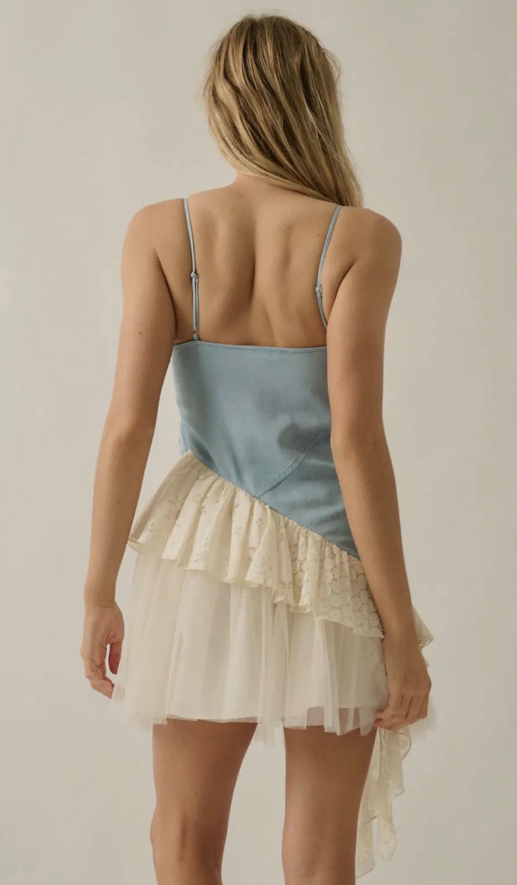 DENIM AND LACE ASSYMETRICAL RUFFLE MINI DRESS