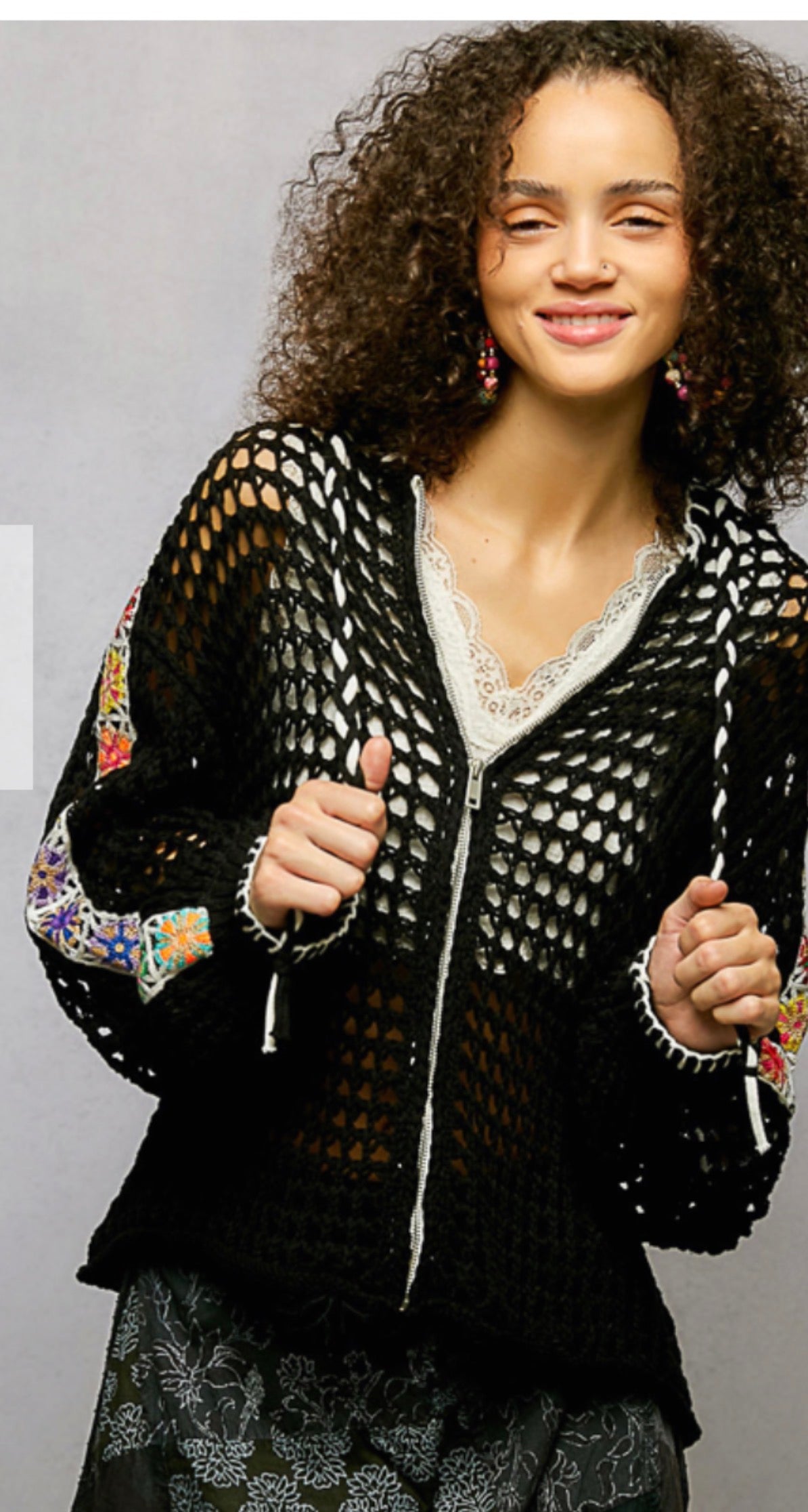 Black zip up crochet sweater with granny square