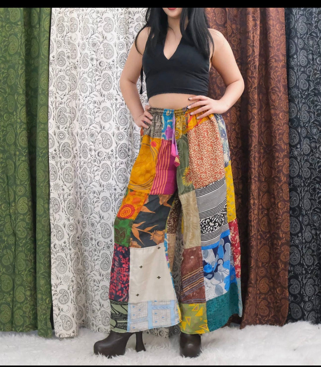 PATCHWORK sari wide leg pants o/s