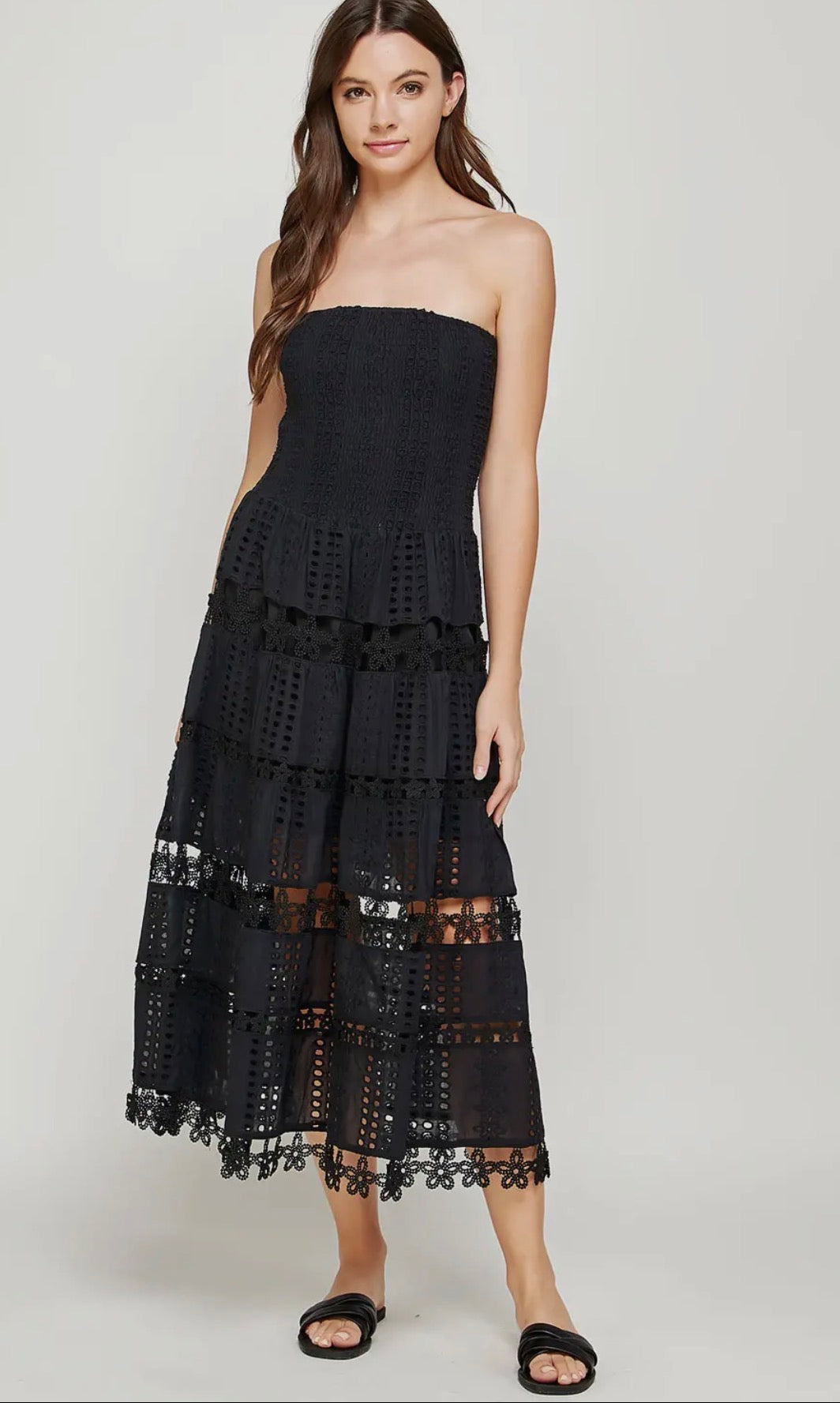 EYELET LACE TUBE DRESS IN BLACK