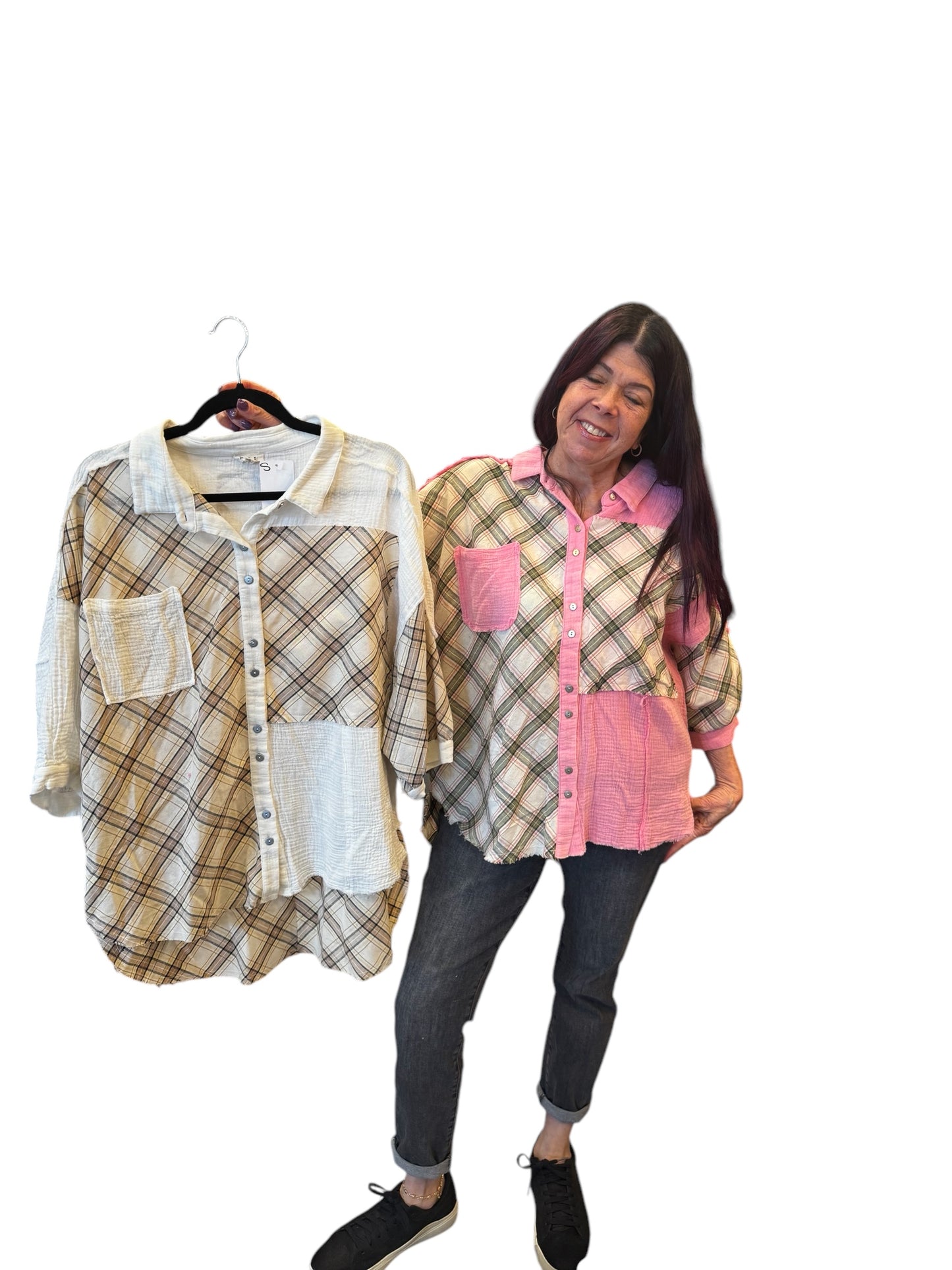 PLAID GAUZE BUTTON DOWN IN PINK OR WHITE