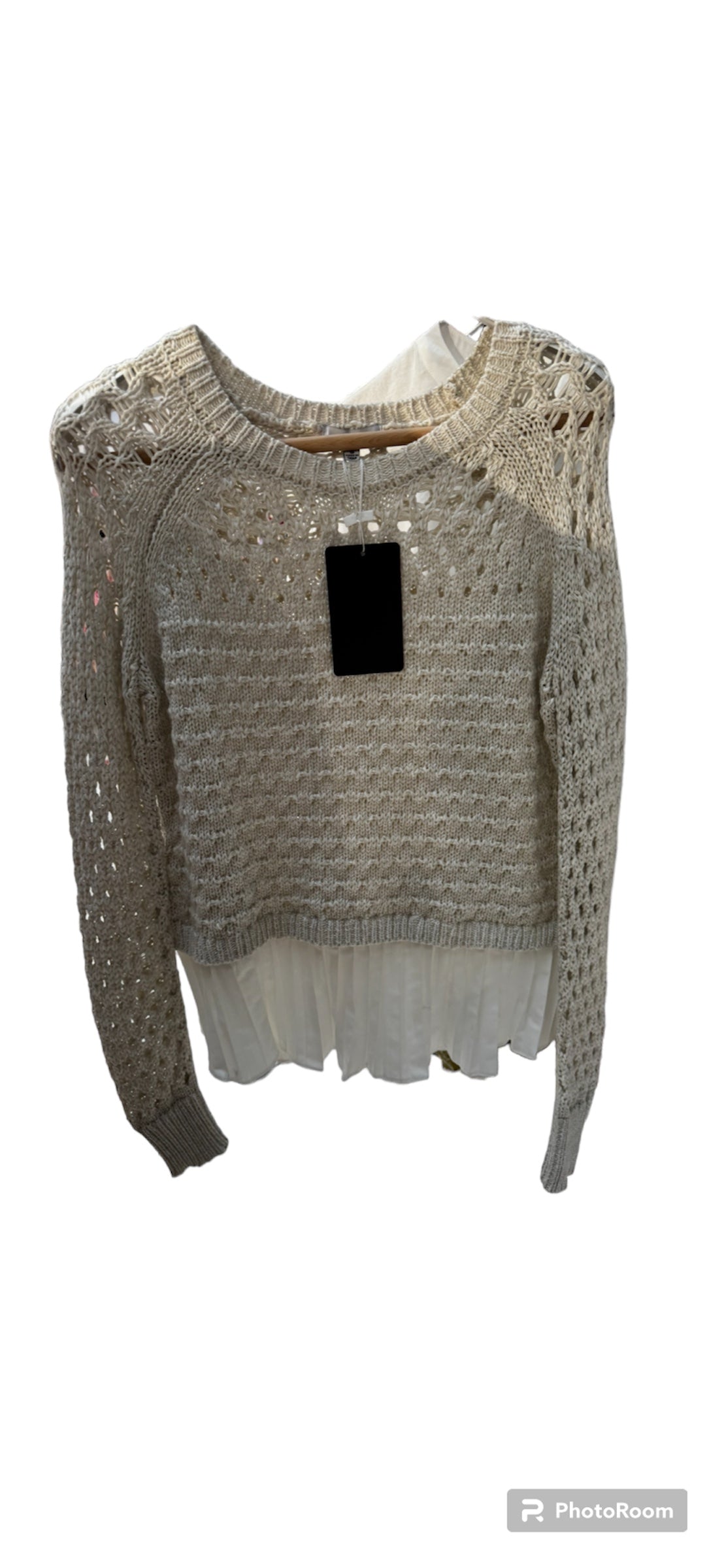 OATMEAL PLEATED OPEN KNIT SWEATER