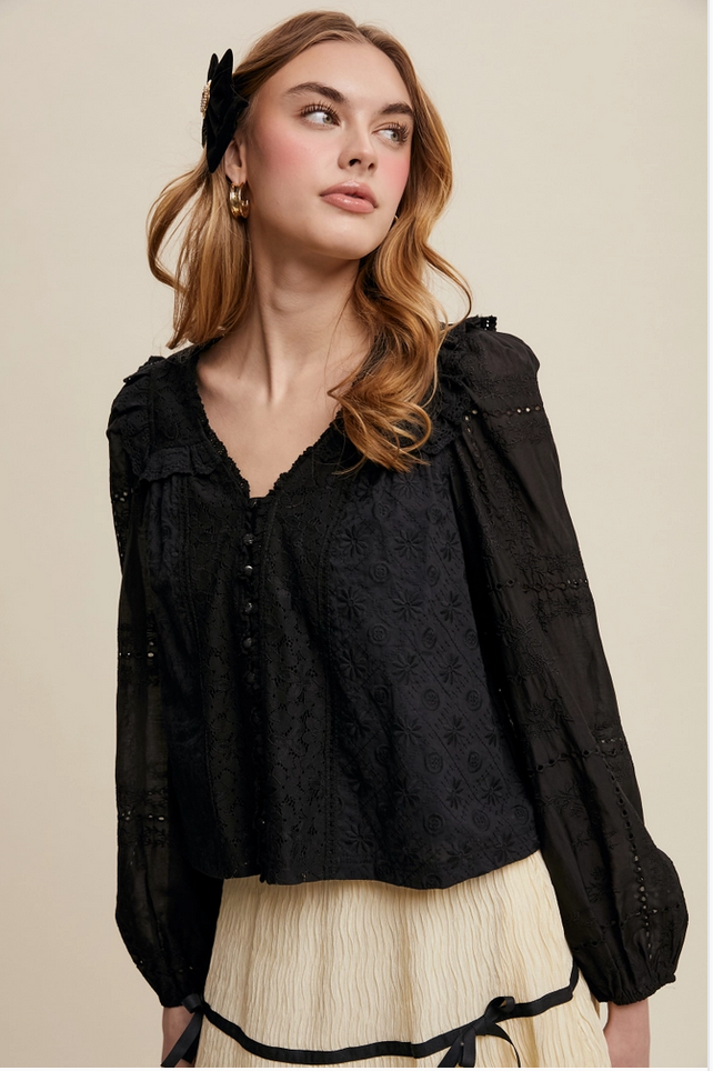 BLACK Embroidered Lace Blouse