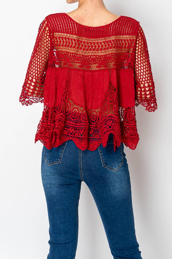 Relaxed Short Crochet Lace Top-4819 RED