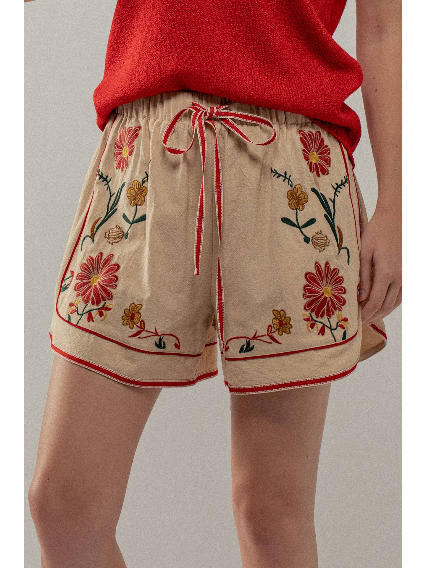 Embroidered Floral Drawstring Shorts