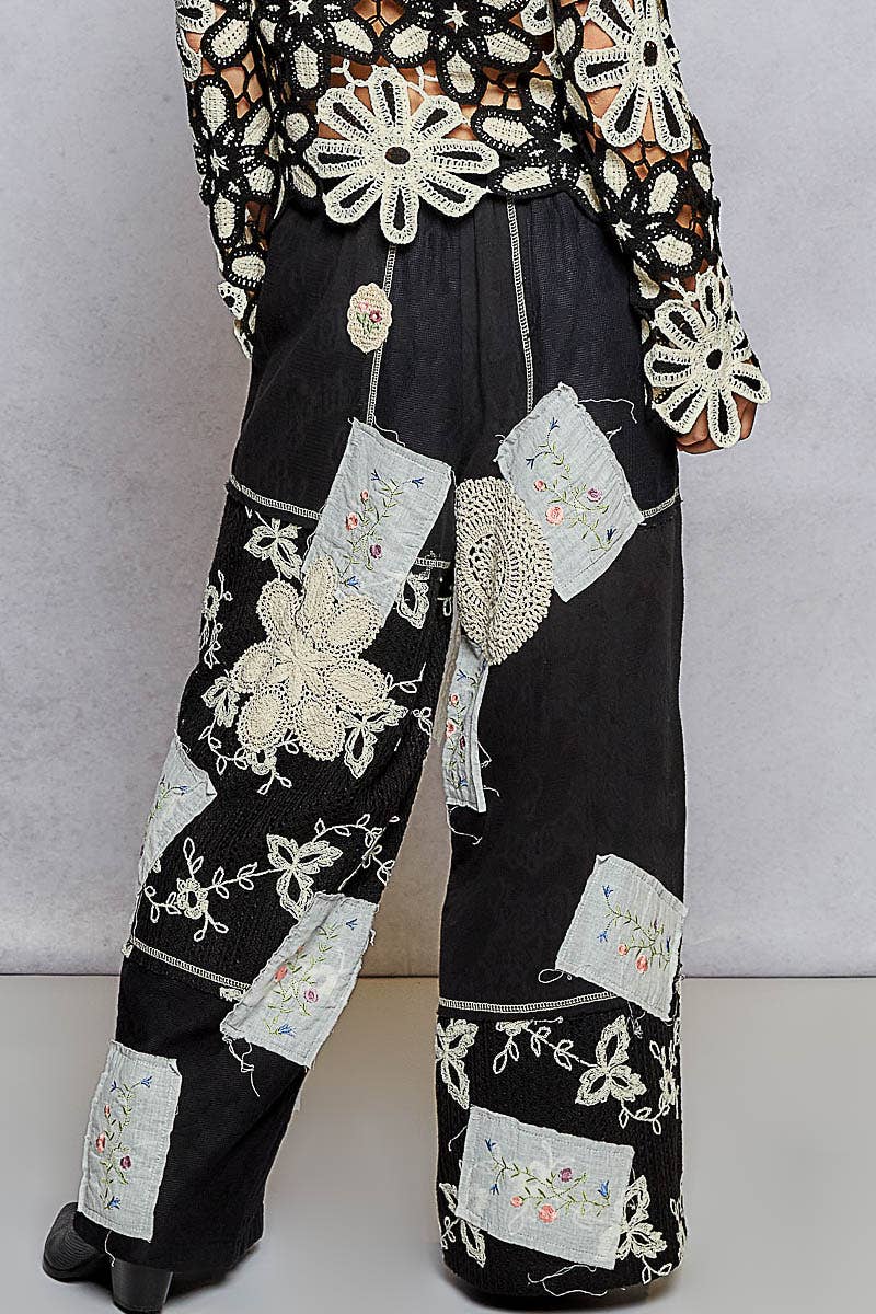 Solid Lace Patch Detail Woven Pants