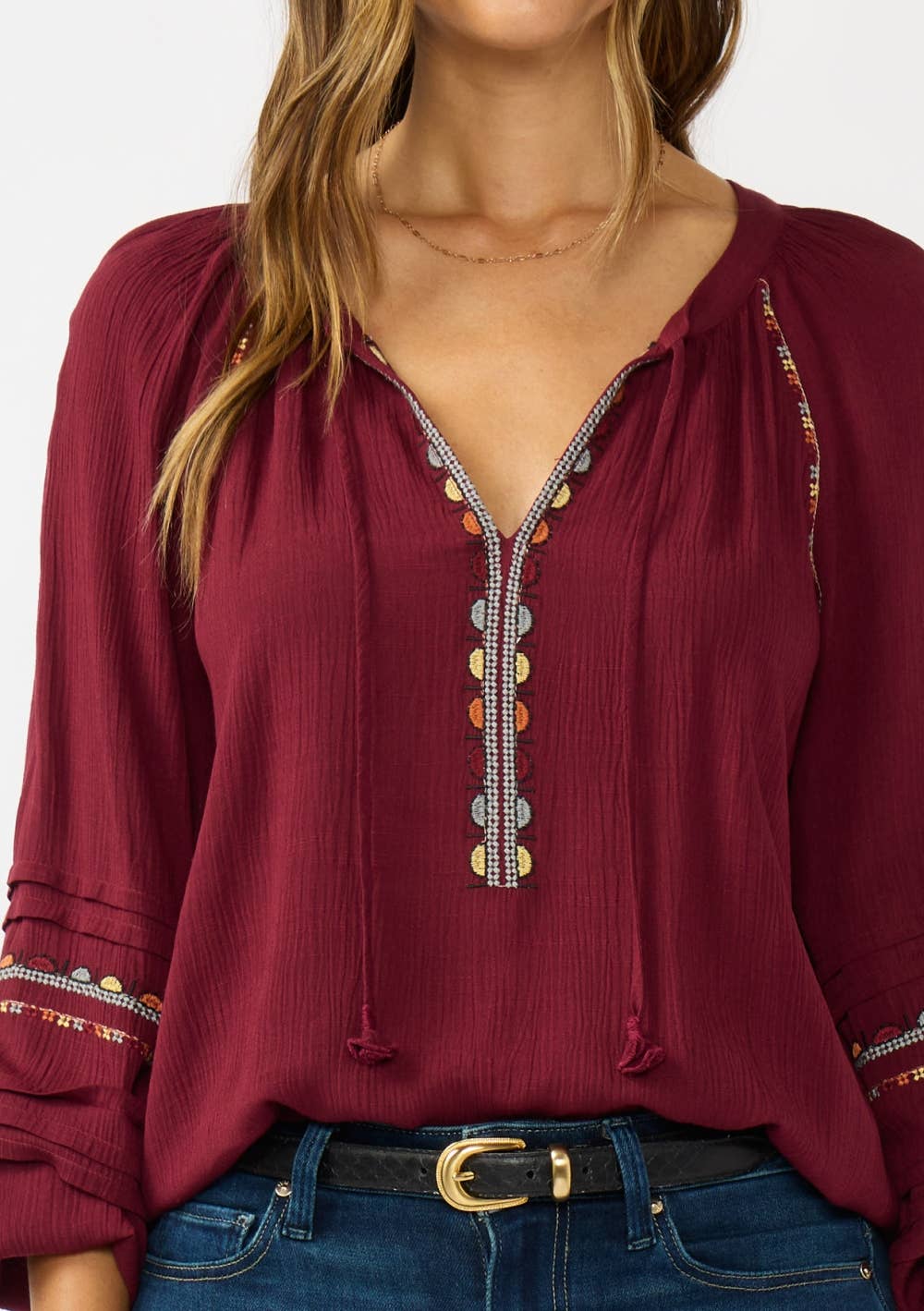 Embroidered Raglan Split Neck Blouse