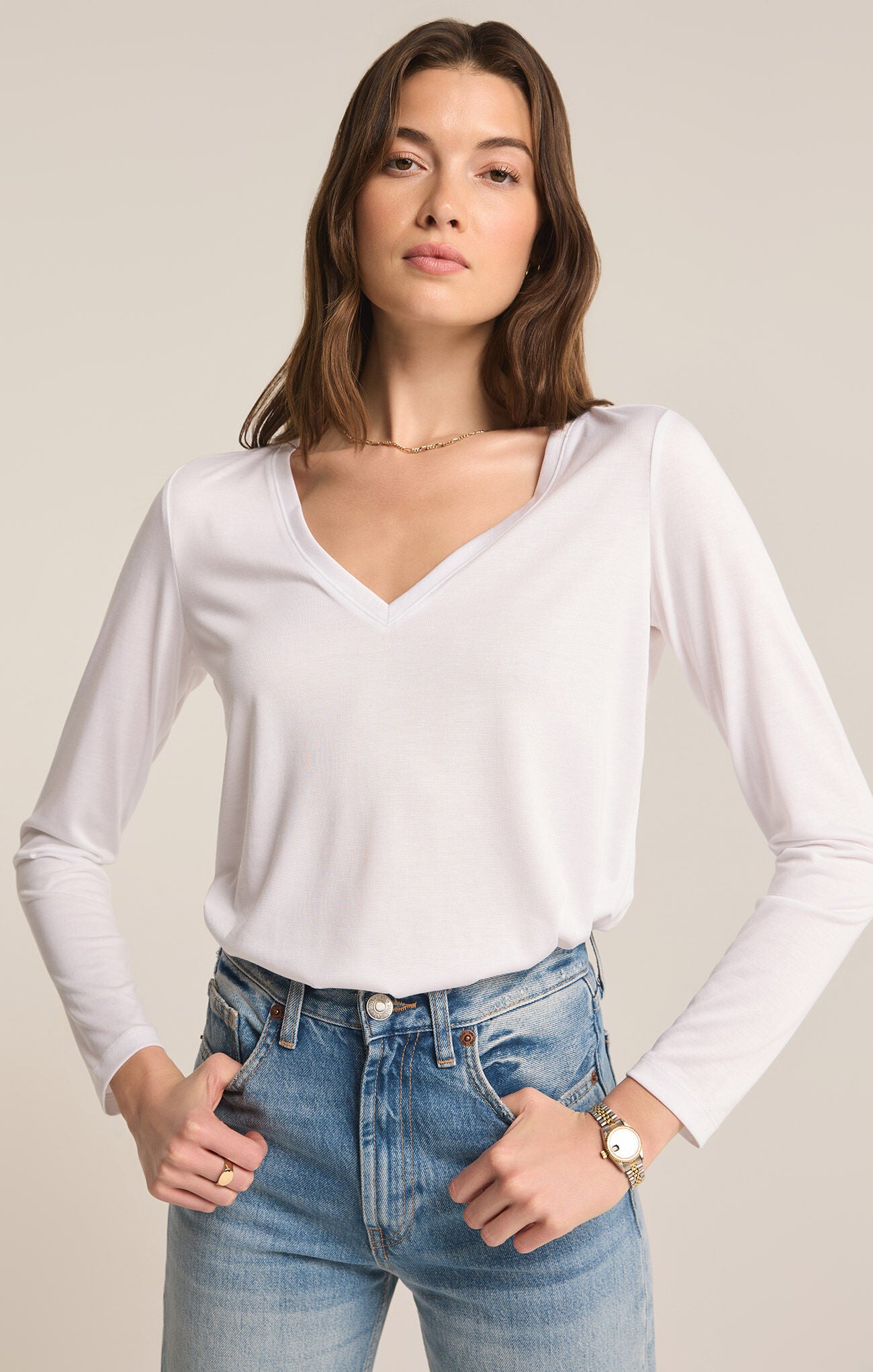 Z SUPPLY Sammie V-Neck Long Sleeve Top IN WHITE