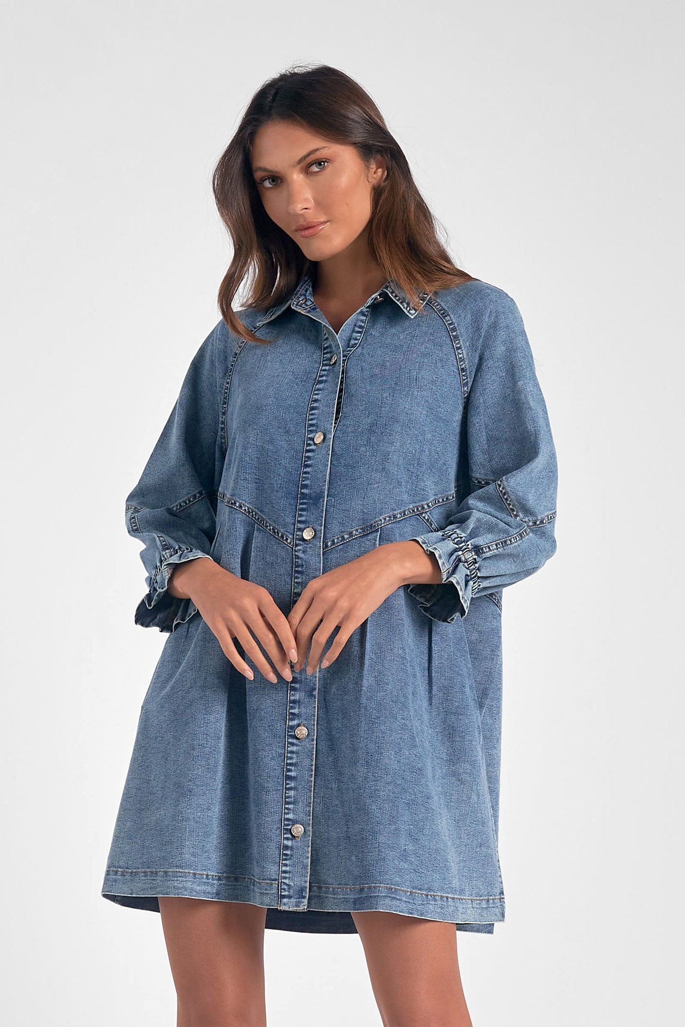 ELAN F23 Dress L/S Button Down IN DENIM