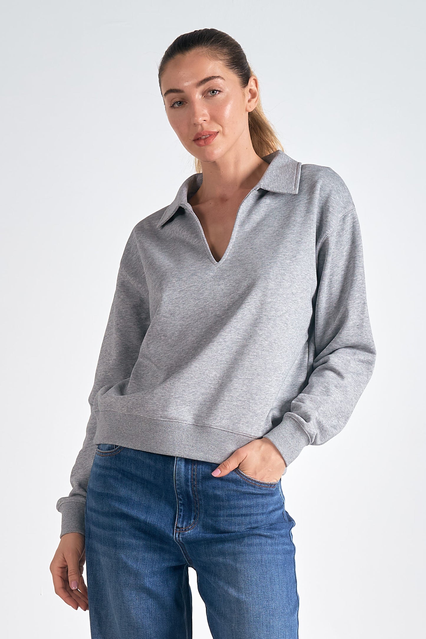 ELAN L/S Collared Vnk IN HEATHER GREY