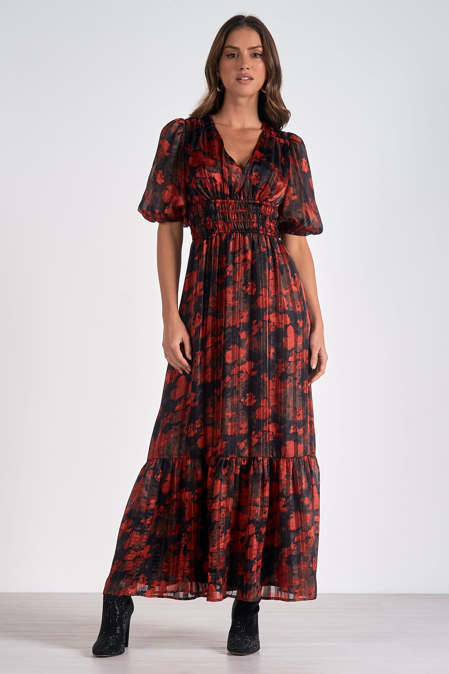 ELAN Maxi 3/4 Slv Vnk Midi IN RED FLORAL
